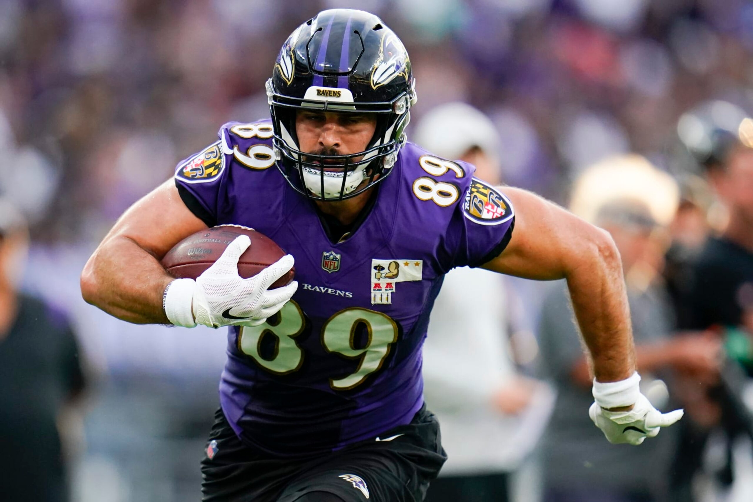 Baltimore Ravens tight end Mark Andrews works out during the team's NFL football training camp practice at M&T Stadium, Saturday, July 30, 2022, in Baltimore. (AP Photo/Julio Cortez) Baltimore Ravens tight end Mark Andrews works out during the team's NFL football training camp practice at M&T Stadium, Saturday, July 30, 2022, in Baltimore. (AP Photo/Julio Cortez)