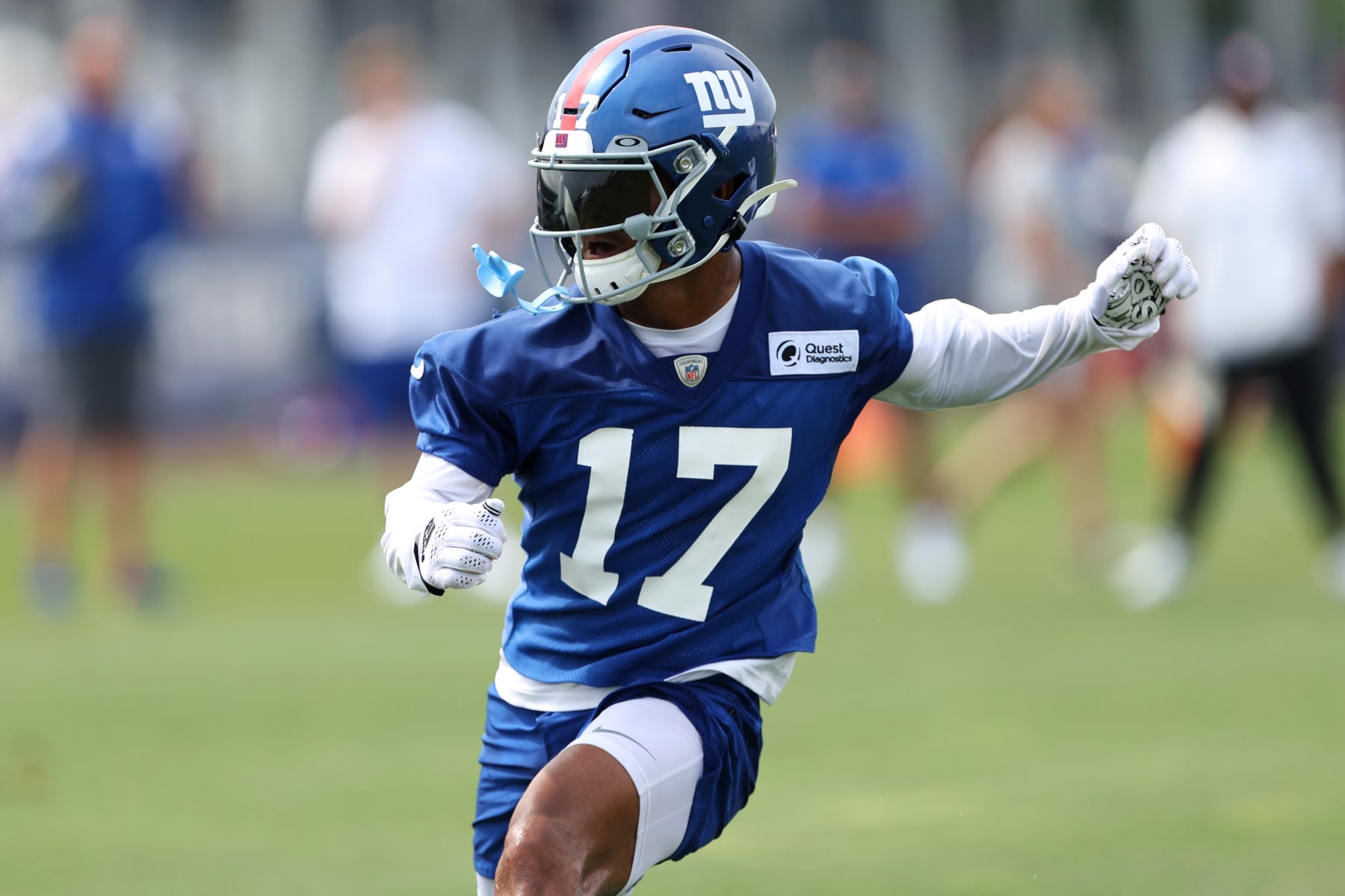 EAST RUTHERFORD, NJ - JULY 28: Wide receiver Wan'Dale Robinson #17 of the New York Giants in action during training camp at Quest Diagnostics Training Center on July 28, 2022 in East Rutherford, New Jersey. (Photo by Rich Schultz/Getty Images)