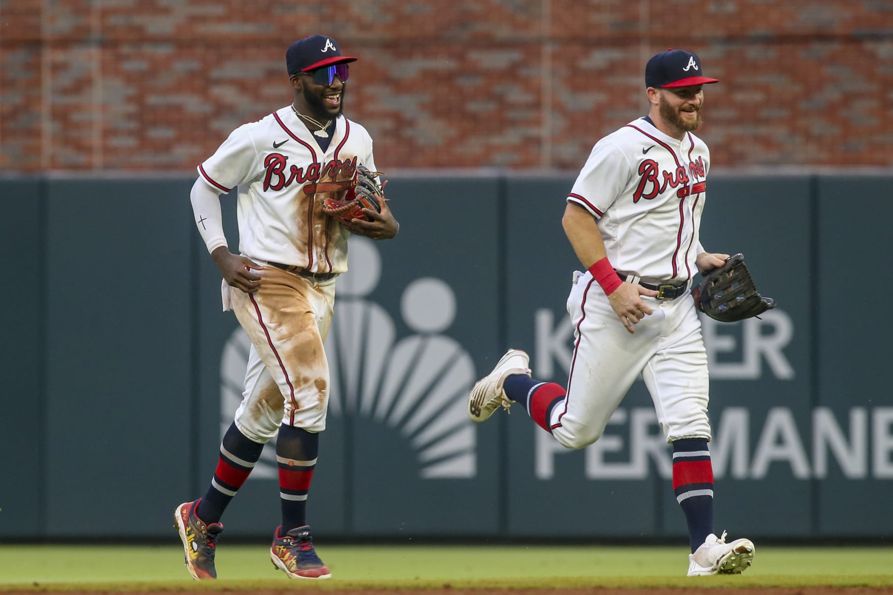 ATLANTA, GA - SEPTEMBER 04: Michael Harris II #23 and Robbie Grossman #15 of the Atlanta Braves celebrate after a victory against the Miami Marlins at Truist Park on September 4, 2022 in Atlanta, Georgia. (Photo by Brett Davis/Getty Images)
