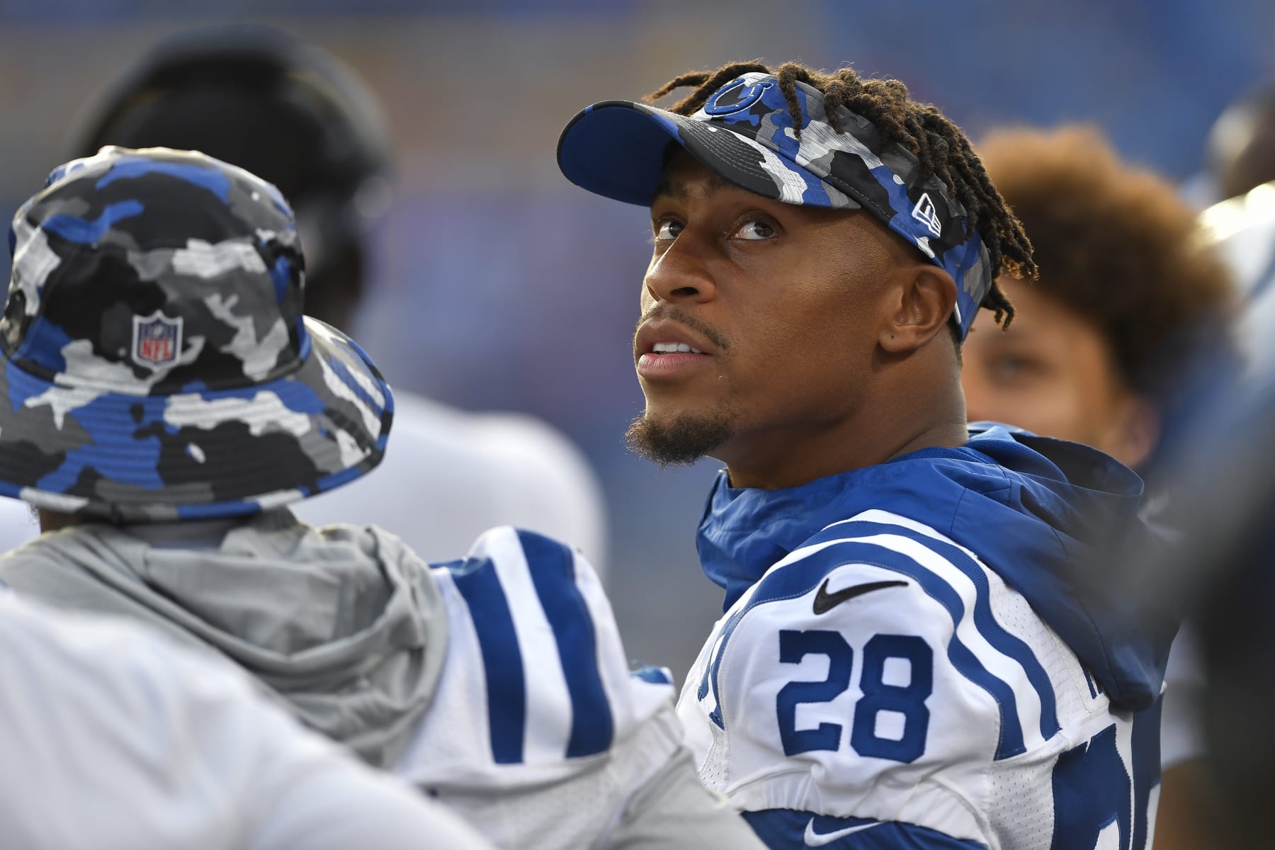 Indianapolis Colts running back Jonathan Taylor watches a replay during the second half of a preseason NFL football game against the Buffalo Bills in Orchard Park, N.Y., Saturday, Aug. 13, 2022. (AP Photo/Adrian Kraus)