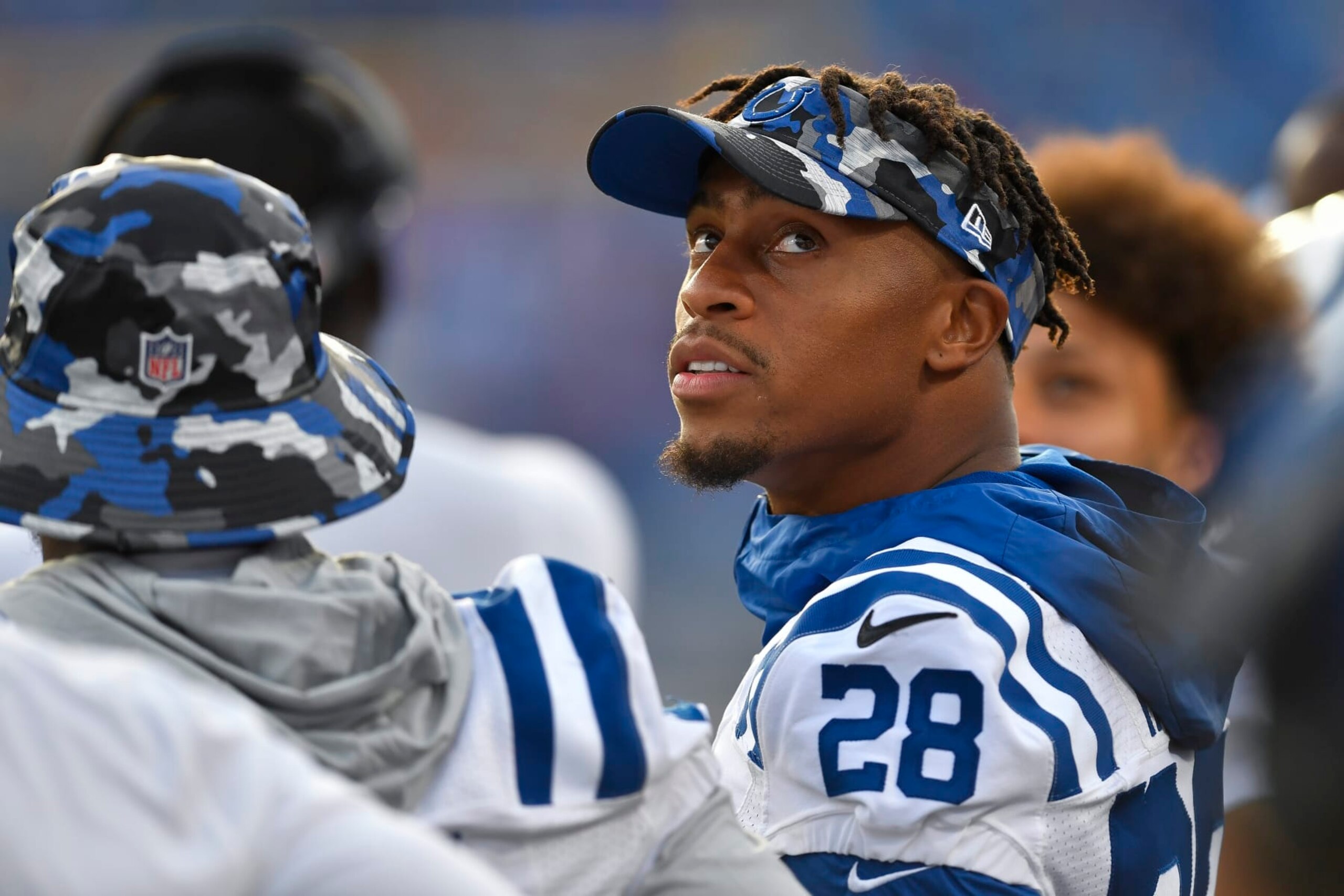 Indianapolis Colts running back Jonathan Taylor watches a replay during the second half of a preseason NFL football game against the Buffalo Bills in Orchard Park, N.Y., Saturday, Aug. 13, 2022. (AP Photo/Adrian Kraus) Indianapolis Colts running back Jonathan Taylor watches a replay during the second half of a preseason NFL football game against the Buffalo Bills in Orchard Park, N.Y., Saturday, Aug. 13, 2022. (AP Photo/Adrian Kraus)