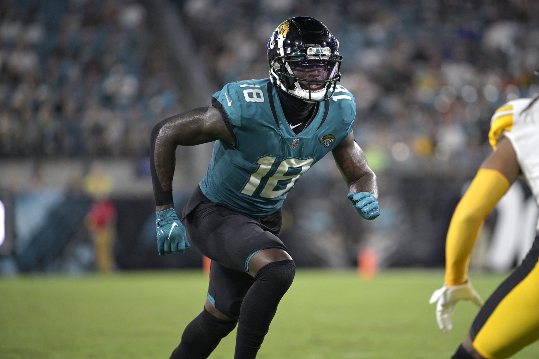 Jacksonville Jaguars wide receiver Laquon Treadwell (18) runs a route during the second half of a preseason NFL football game against the Pittsburgh Steelers, Saturday, Aug. 20, 2022, in Jacksonville, Fla. (AP Photo/Phelan M. Ebenhack)