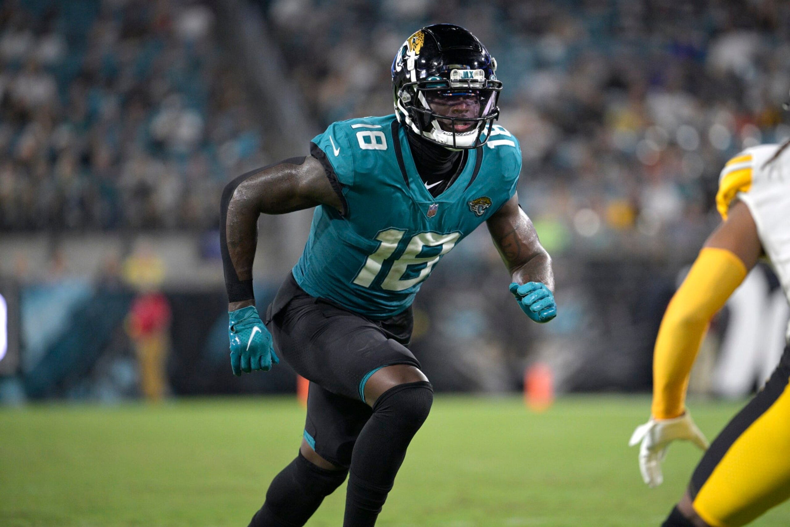 Jacksonville Jaguars wide receiver Laquon Treadwell (18) runs a route during the second half of a preseason NFL football game against the Pittsburgh Steelers, Saturday, Aug. 20, 2022, in Jacksonville, Fla. (AP Photo/Phelan M. Ebenhack)