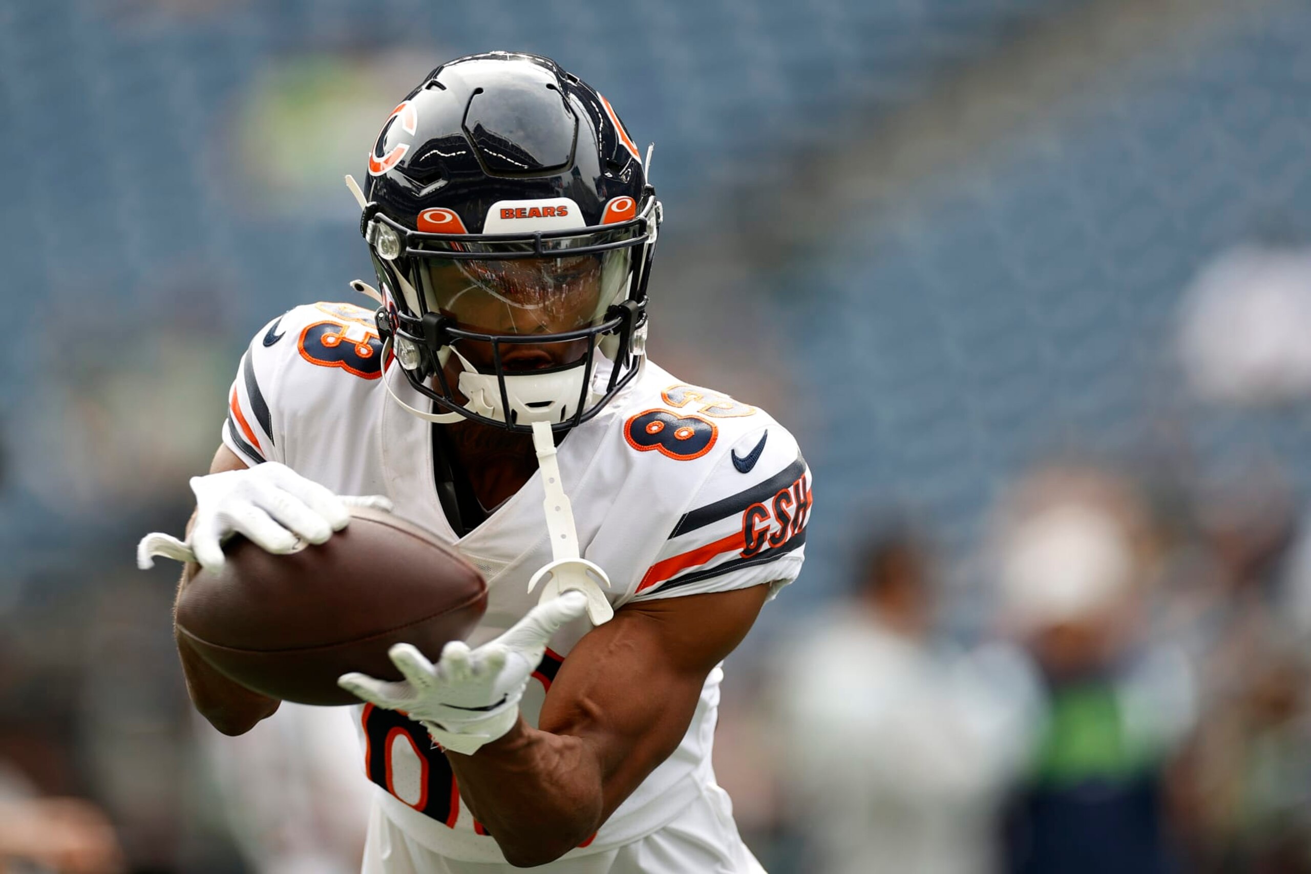 SEATTLE, WASHINGTON - AUGUST 18: Dazz Newsome #83 of the Chicago Bears warms up before the preseason game between the Seattle Seahawks and the Chicago Bears at Lumen Field on August 18, 2022 in Seattle, Washington. (Photo by Steph Chambers/Getty Images)