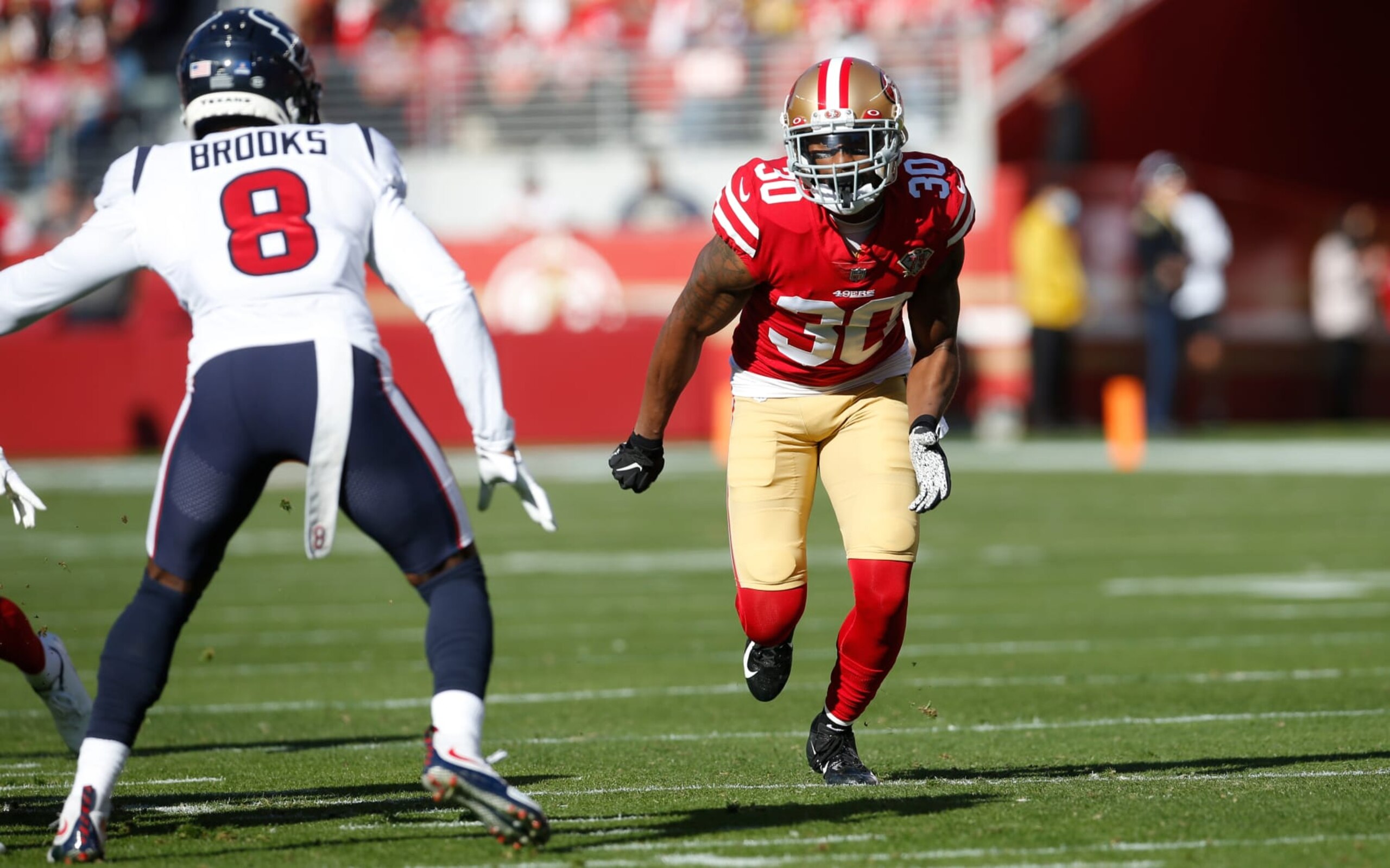 SANTA CLARA, CA - JANUARY 2: Jarrod Wilson #30 of the San Francisco 49ers defends during the game against the Houston Texans at Levi's Stadium on January 2, 2022 in Santa Clara, California. The 49ers defeated the Texans 23-7. (Photo by Michael Zagaris/San Francisco 49ers/Getty Images)