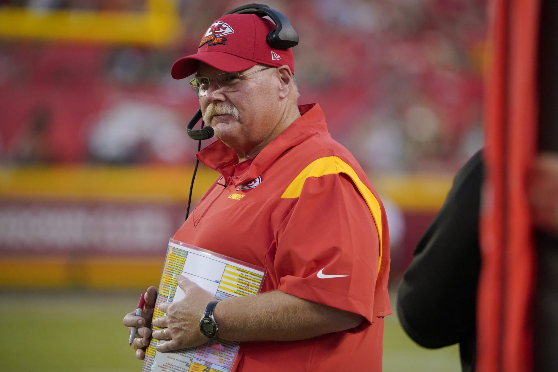 Kansas City Chiefs head coach Andy Reid watches from the sidelines during the first half of an NFL preseason football game against the Green Bay Packers Thursday, Aug. 25, 2022, in Kansas City, Mo. (AP Photo/Ed Zurga)