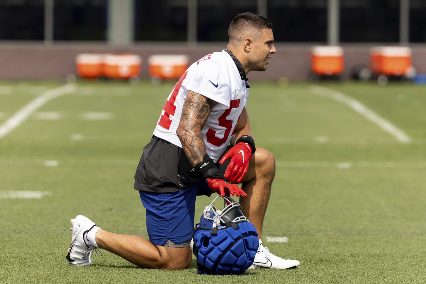 New York Giants linebacker Blake Martinez watches during the NFL football team's training camp in East Rutherford, N.J., Wednesday, July 28, 2022. (AP Photo/Julia Nikhinson)