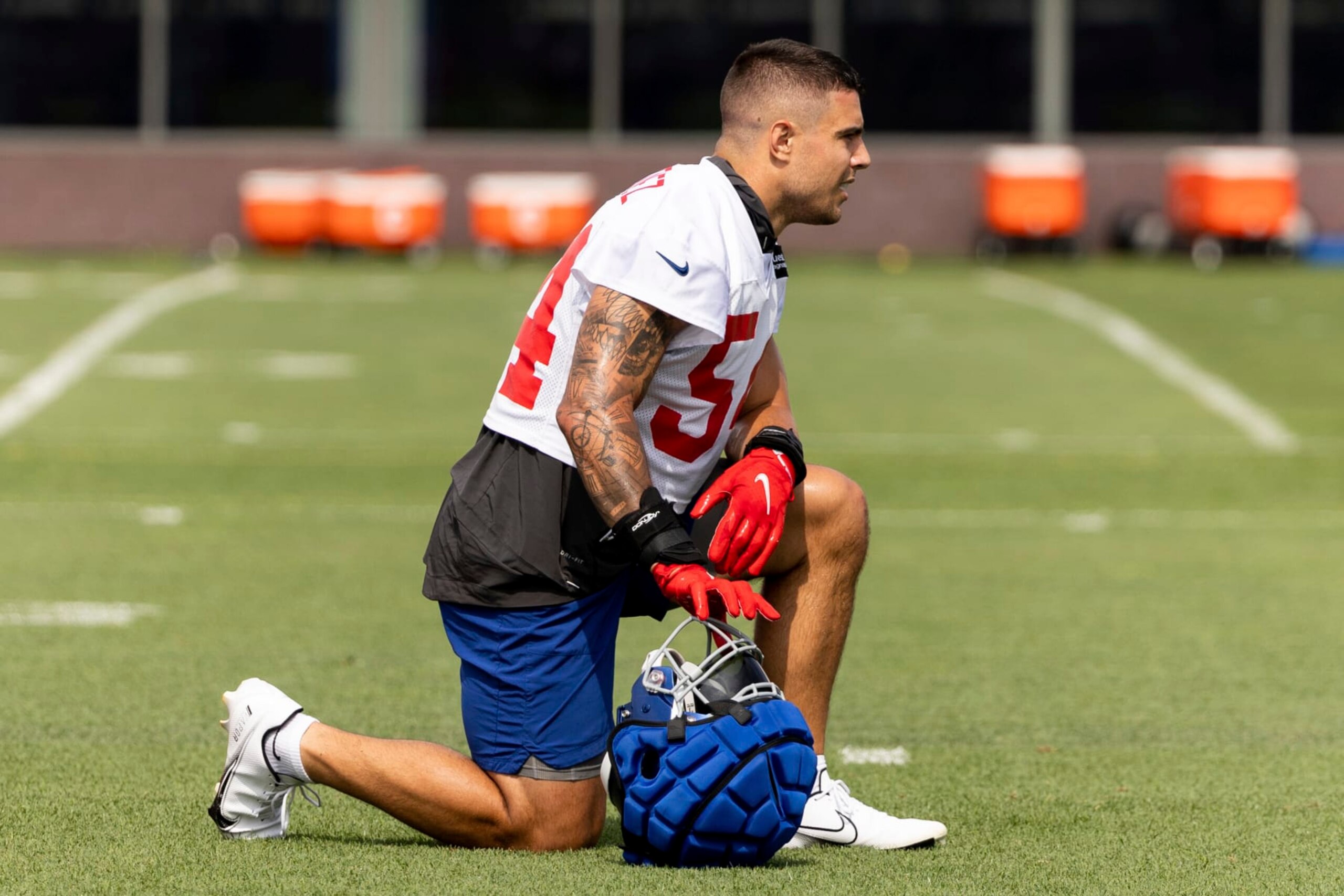 New York Giants linebacker Blake Martinez watches during the NFL football team's training camp in East Rutherford, N.J., Wednesday, July 28, 2022. (AP Photo/Julia Nikhinson) New York Giants linebacker Blake Martinez watches during the NFL football team's training camp in East Rutherford, N.J., Wednesday, July 28, 2022. (AP Photo/Julia Nikhinson)