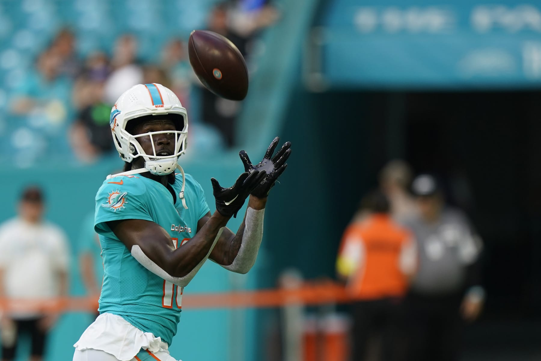 Miami Dolphins wide receiver Preston Williams warms up before the start of an NFL preseason football game against the Las Vegas Raiders, Saturday, Aug. 20, 2022, in Miami Gardens, Fla. (AP Photo/Wilfredo Lee)