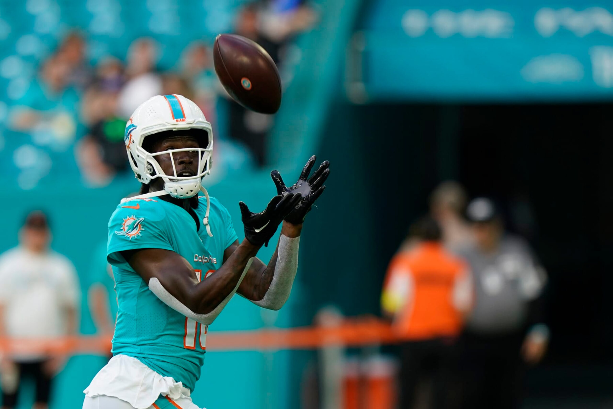 Miami Dolphins wide receiver Preston Williams warms up before the start of an NFL preseason football game against the Las Vegas Raiders, Saturday, Aug. 20, 2022, in Miami Gardens, Fla. (AP Photo/Wilfredo Lee) Miami Dolphins wide receiver Preston Williams warms up before the start of an NFL preseason football game against the Las Vegas Raiders, Saturday, Aug. 20, 2022, in Miami Gardens, Fla. (AP Photo/Wilfredo Lee)
