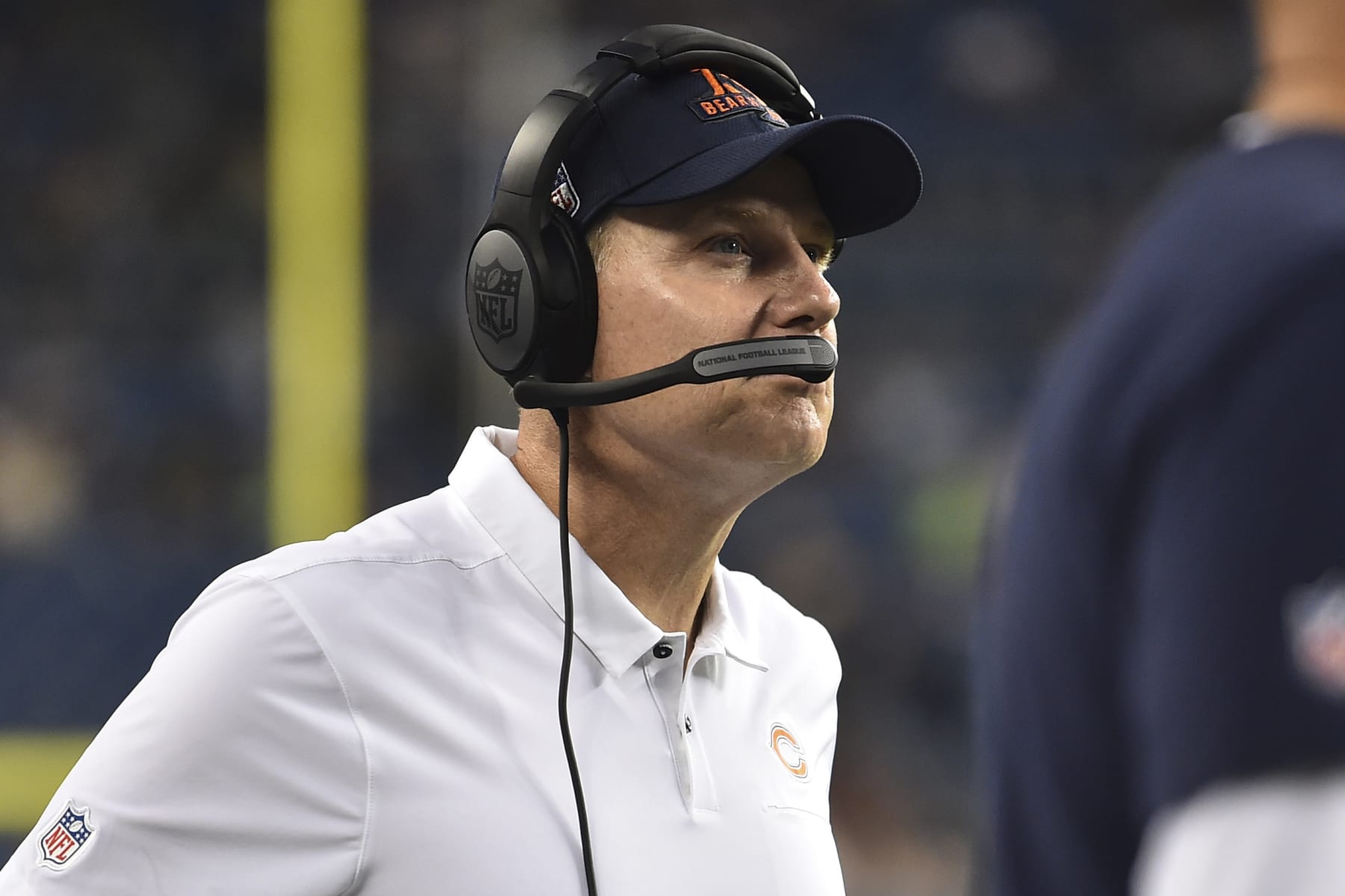 Chicago Bears head coach Matt Eberflus looks toward the scoreboard during the second half of a preseason NFL football game against the Seattle Seahawks, Thursday, Aug. 18, 2022, in Seattle. The Bears won 27-11. (AP Photo/Caean Couto)