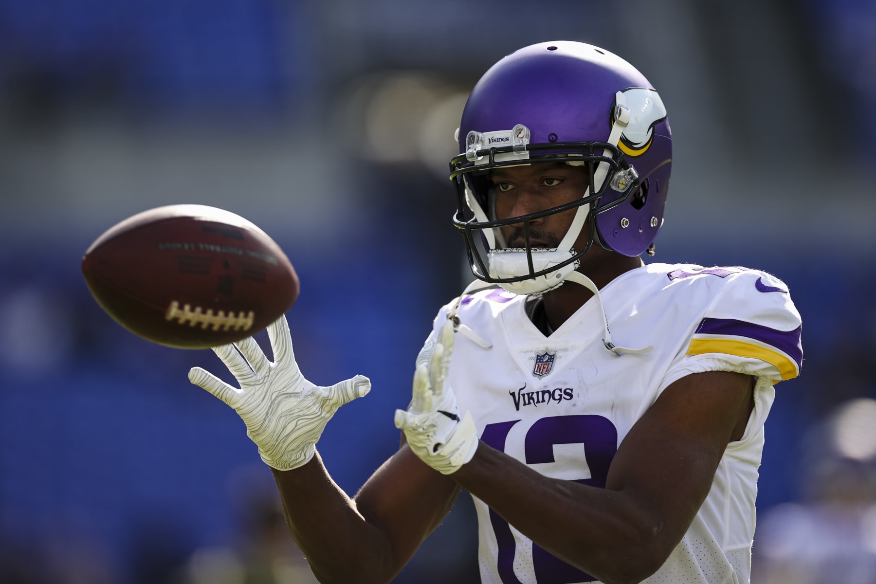 BALTIMORE, MD - NOVEMBER 07: Dede Westbrook #12 of the Minnesota Vikings warms up before the game against the Baltimore Ravens at M&T Bank Stadium on November 7, 2021 in Baltimore, Maryland. (Photo by Scott Taetsch/Getty Images)"nNo licensing by any casino, sportsbook, and/or fantasy sports organization for any purpose. During game play, no use of images within play-by-play, statistical account or depiction of a game (e.g., limited to use of fewer than 10 images during the game).
