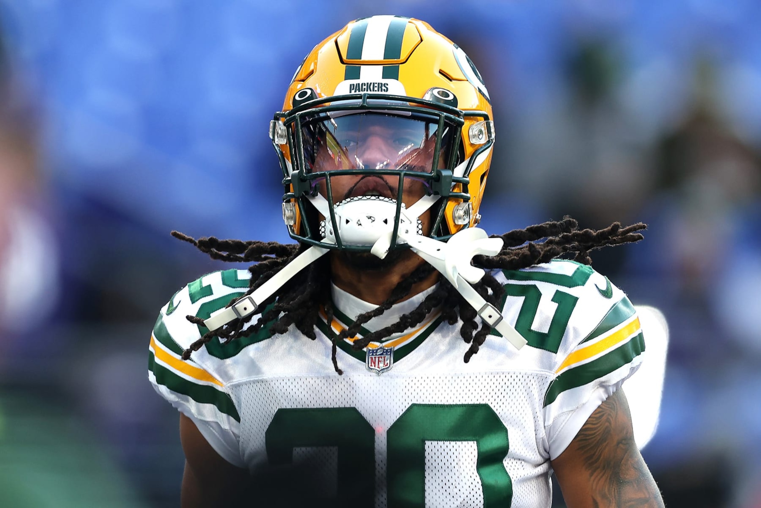 BALTIMORE, MARYLAND - DECEMBER 19: Kevin King #20 of the Green Bay Packers warms up before the game against the Baltimore Ravens at M&T Bank Stadium on December 19, 2021 in Baltimore, Maryland. (Photo by Rob Carr/Getty Images) BALTIMORE, MARYLAND - DECEMBER 19: Kevin King #20 of the Green Bay Packers warms up before the game against the Baltimore Ravens at M&T Bank Stadium on December 19, 2021 in Baltimore, Maryland. (Photo by Rob Carr/Getty Images)