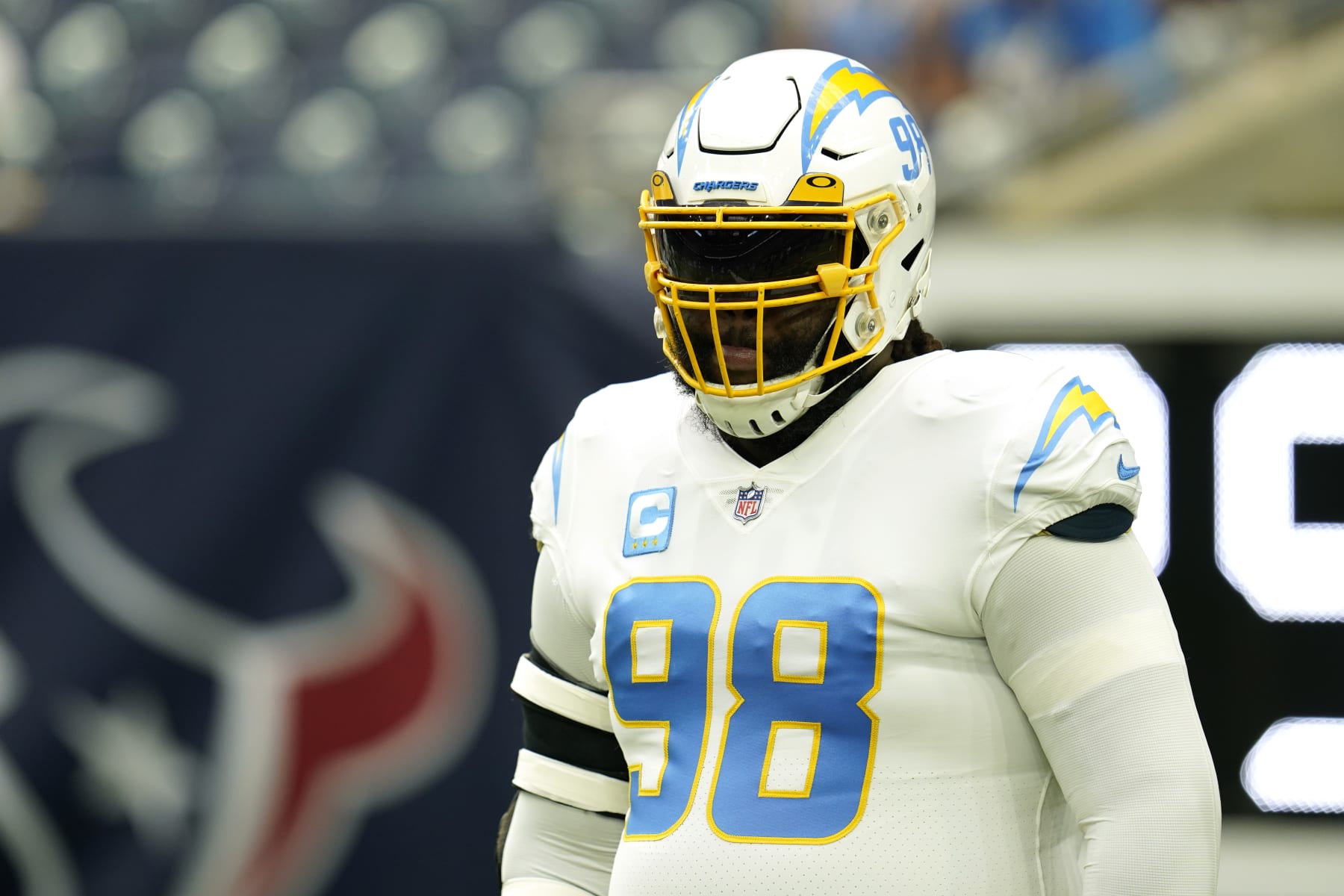 Los Angeles Chargers defensive lineman Linval Joseph (98) during warmups before an NFL football game against the Houston Texans, Sunday, Dec. 26, 2021, in Houston. (AP Photo/Matt Patterson)