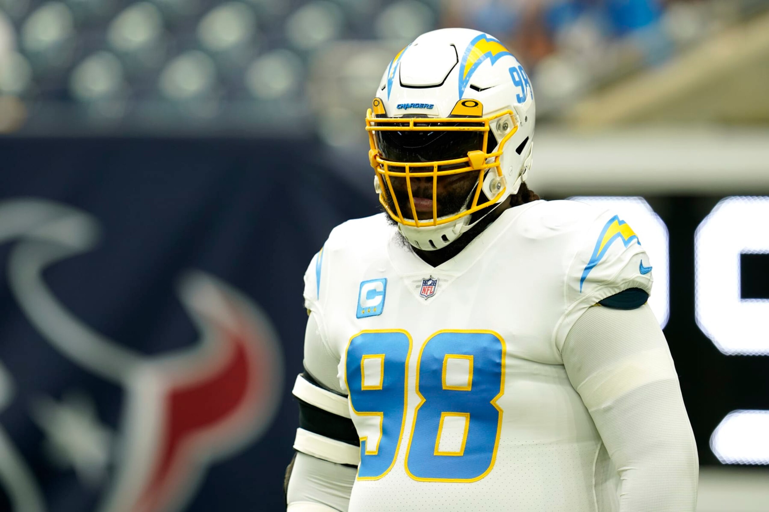 Los Angeles Chargers defensive lineman Linval Joseph (98) during warmups before an NFL football game against the Houston Texans, Sunday, Dec. 26, 2021, in Houston. (AP Photo/Matt Patterson) Los Angeles Chargers defensive lineman Linval Joseph (98) during warmups before an NFL football game against the Houston Texans, Sunday, Dec. 26, 2021, in Houston. (AP Photo/Matt Patterson)