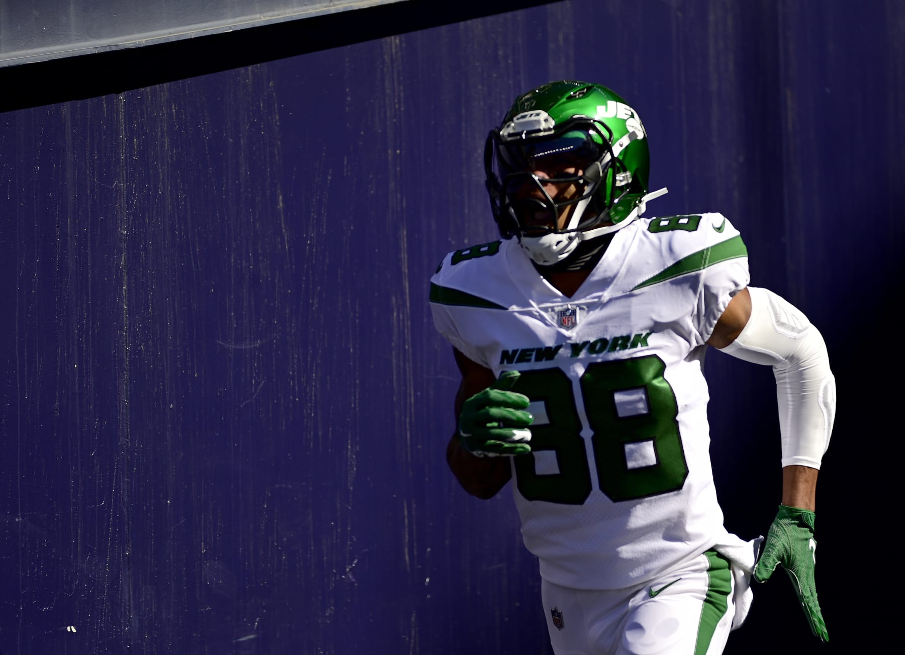 FOXBOROUGH, MASSACHUSETTS - OCTOBER 24: Keelan Cole #88 of the New York Jets takes the field before the game against the New England Patriots at Gillette Stadium on October 24, 2021 in Foxborough, Massachusetts. (Photo by Maddie Malhotra/Getty Images)