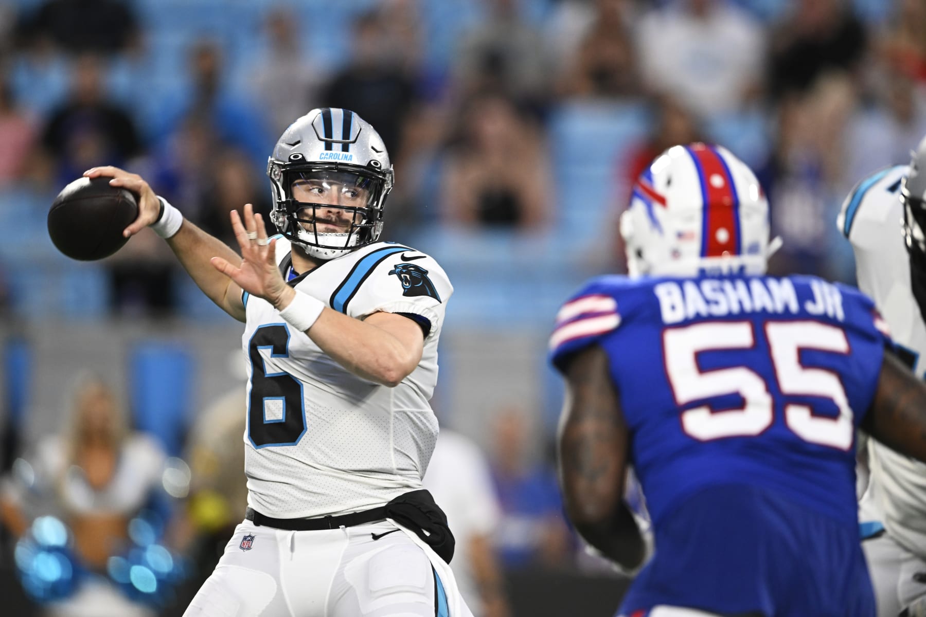 CHARLOTTE, NORTH CAROLINA - AUGUST 26: Baker Mayfield #6 of the Carolina Panthers throws a pass against the Buffalo Bills during the first quarter of a preseason game at Bank of America Stadium on August 26, 2022 in Charlotte, North Carolina. (Photo by Eakin Howard/Getty Images)