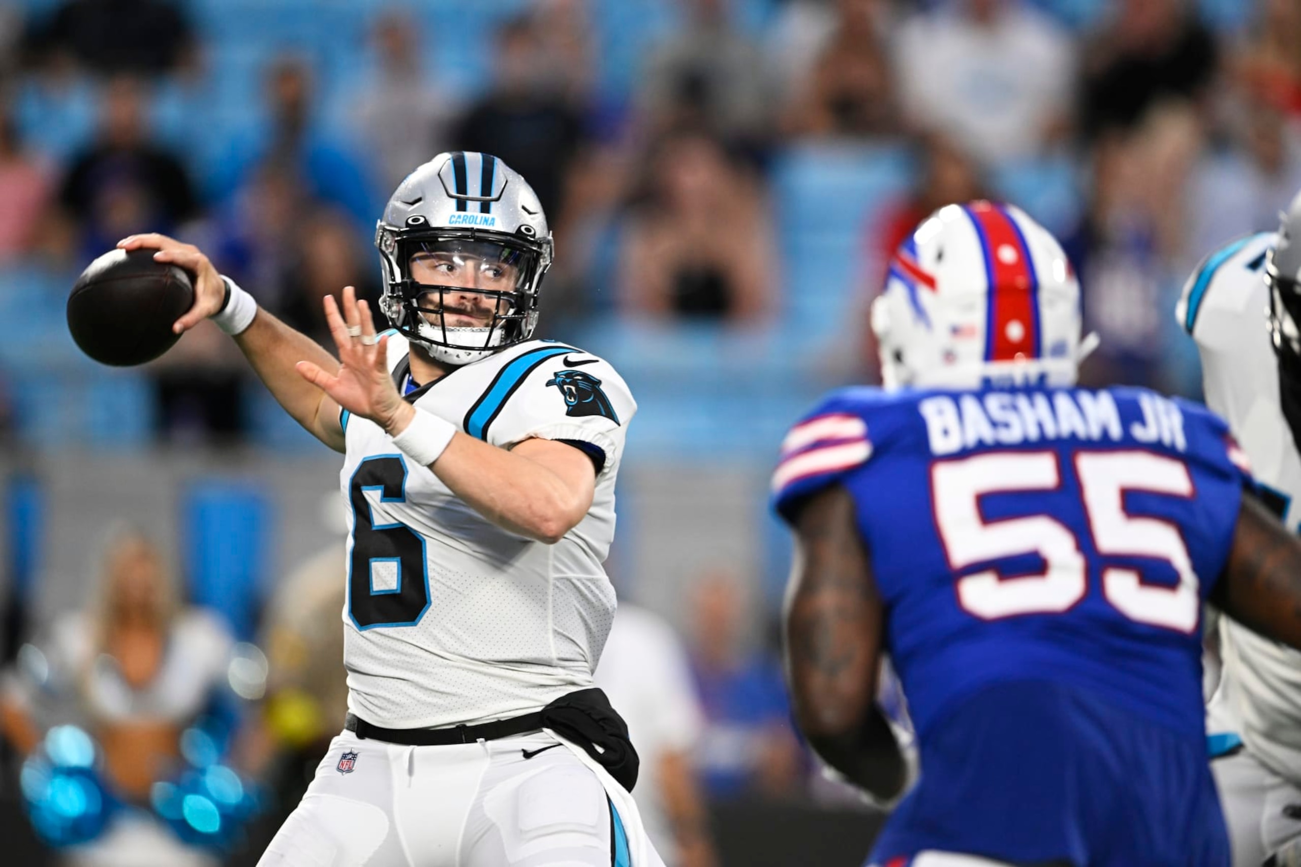 CHARLOTTE, NORTH CAROLINA - AUGUST 26: Baker Mayfield #6 of the Carolina Panthers throws a pass against the Buffalo Bills during the first quarter of a preseason game at Bank of America Stadium on August 26, 2022 in Charlotte, North Carolina. (Photo by Eakin Howard/Getty Images) CHARLOTTE, NORTH CAROLINA - AUGUST 26: Baker Mayfield #6 of the Carolina Panthers throws a pass against the Buffalo Bills during the first quarter of a preseason game at Bank of America Stadium on August 26, 2022 in Charlotte, North Carolina. (Photo by Eakin Howard/Getty Images)