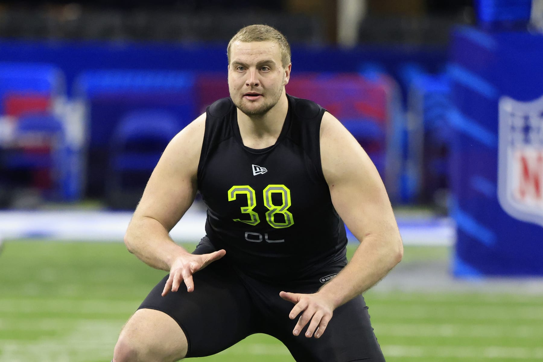 INDIANAPOLIS, INDIANA - MARCH 04: Trevor Penning #OL38 of the Northern Iowa Panthers runs a drill during the NFL Combine at Lucas Oil Stadium on March 04, 2022 in Indianapolis, Indiana. (Photo by Justin Casterline/Getty Images)
