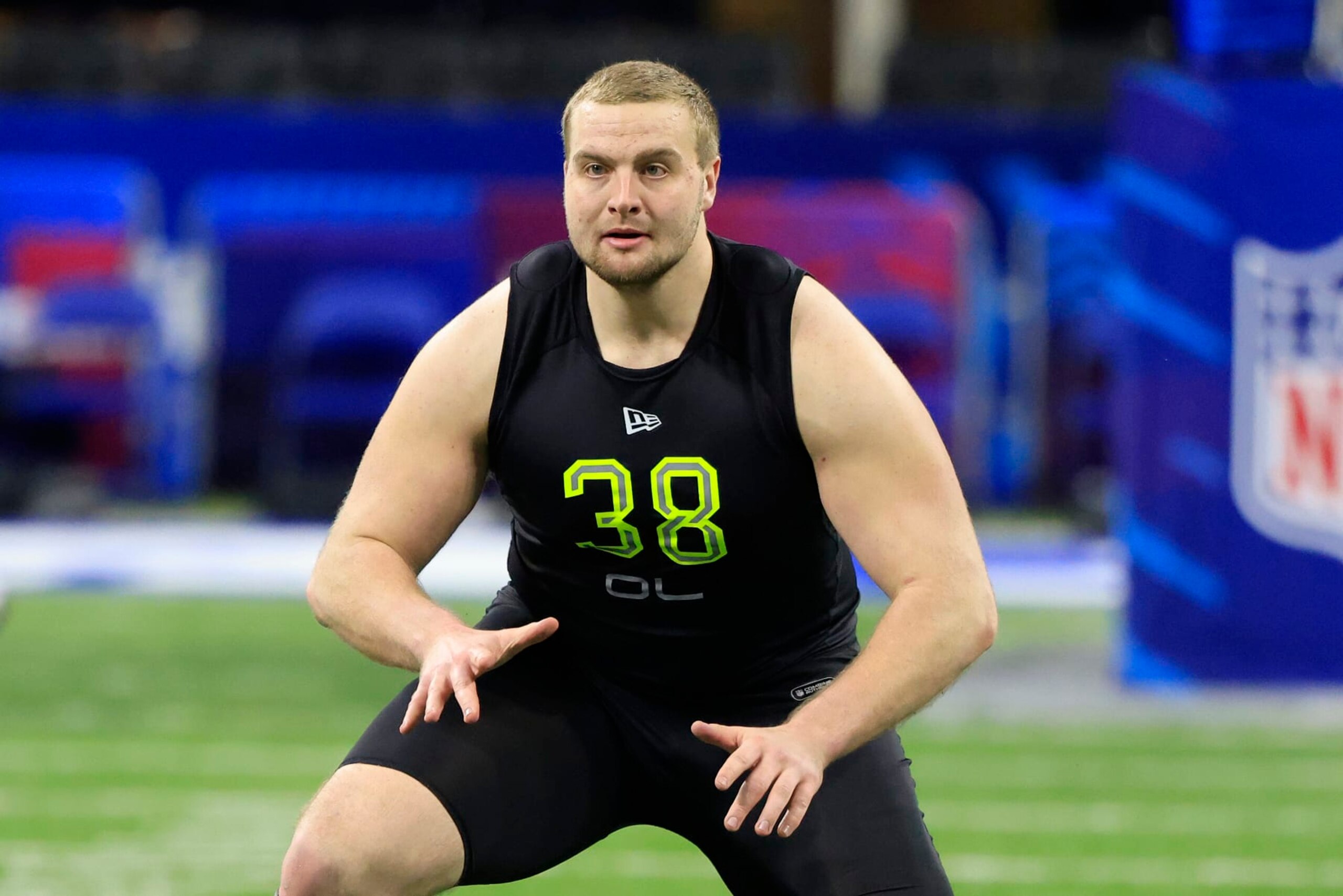 INDIANAPOLIS, INDIANA - MARCH 04: Trevor Penning #OL38 of the Northern Iowa Panthers runs a drill during the NFL Combine at Lucas Oil Stadium on March 04, 2022 in Indianapolis, Indiana. (Photo by Justin Casterline/Getty Images)