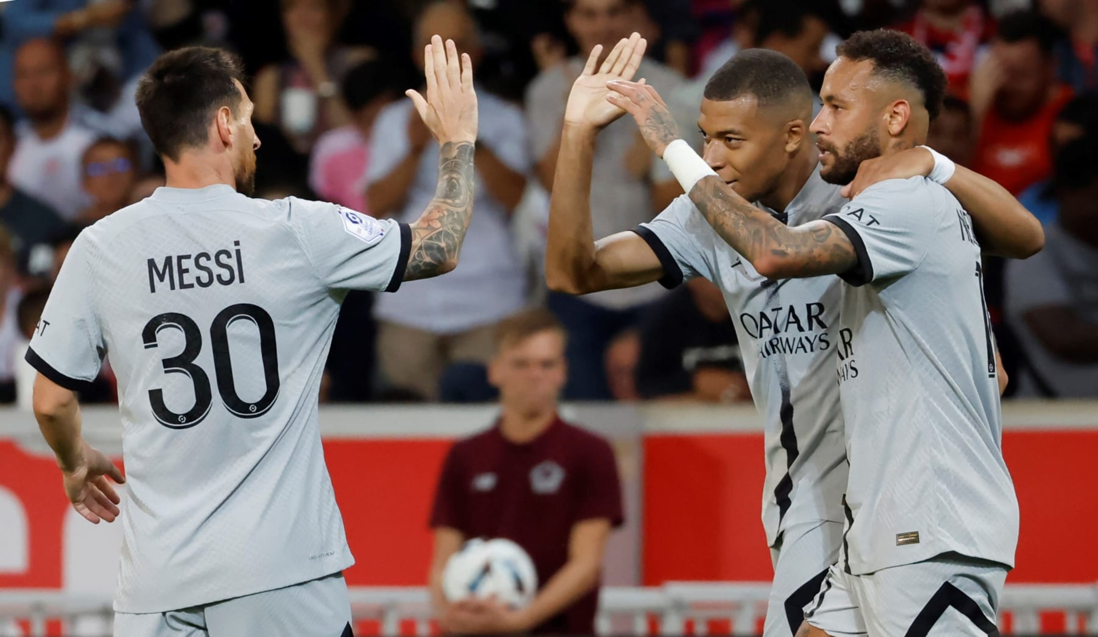 Paris Saint-Germain's Lionel Messi, Kylian Mbappe and Neymar L to R celebrate scoring during a French Ligue 1 football match between Lille and Paris Saint-Germain PSG at Stade Pierre-Mauroy in Villeneuve-d'Asq, northern France, Aug. 21, 2022. (Photo by Rit Heize/Xinhua via Getty Images) Paris Saint-Germain's Lionel Messi, Kylian Mbappe and Neymar L to R celebrate scoring during a French Ligue 1 football match between Lille and Paris Saint-Germain PSG at Stade Pierre-Mauroy in Villeneuve-d'Asq, northern France, Aug. 21, 2022. (Photo by Rit Heize/Xinhua via Getty Images)