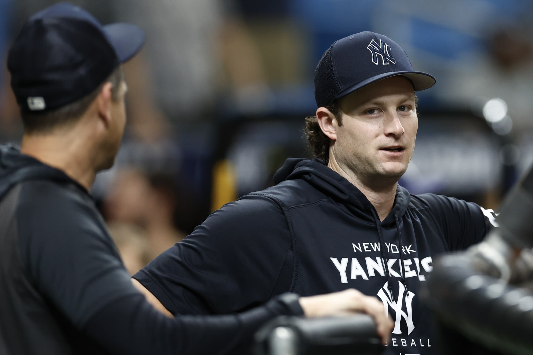 ST PETERSBURG, FLORIDA - JUNE 21: Gerrit Cole #45 of the New York Yankees looks on prior to the game against the Tampa Bay Rays at Tropicana Field on June 21, 2022 in St Petersburg, Florida. (Photo by Douglas P. DeFelice/Getty Images)