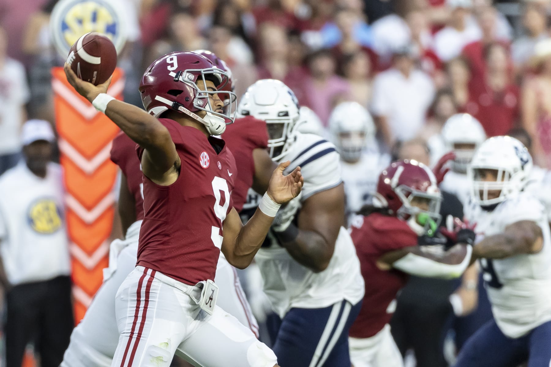 Alabama quarterback Bryce Young (9) throws the ball against Utah State during the first half of an NCAA college football game, Saturday, Sept. 3, 2022, in Tuscaloosa, Ala. (AP Photo/Vasha Hunt)