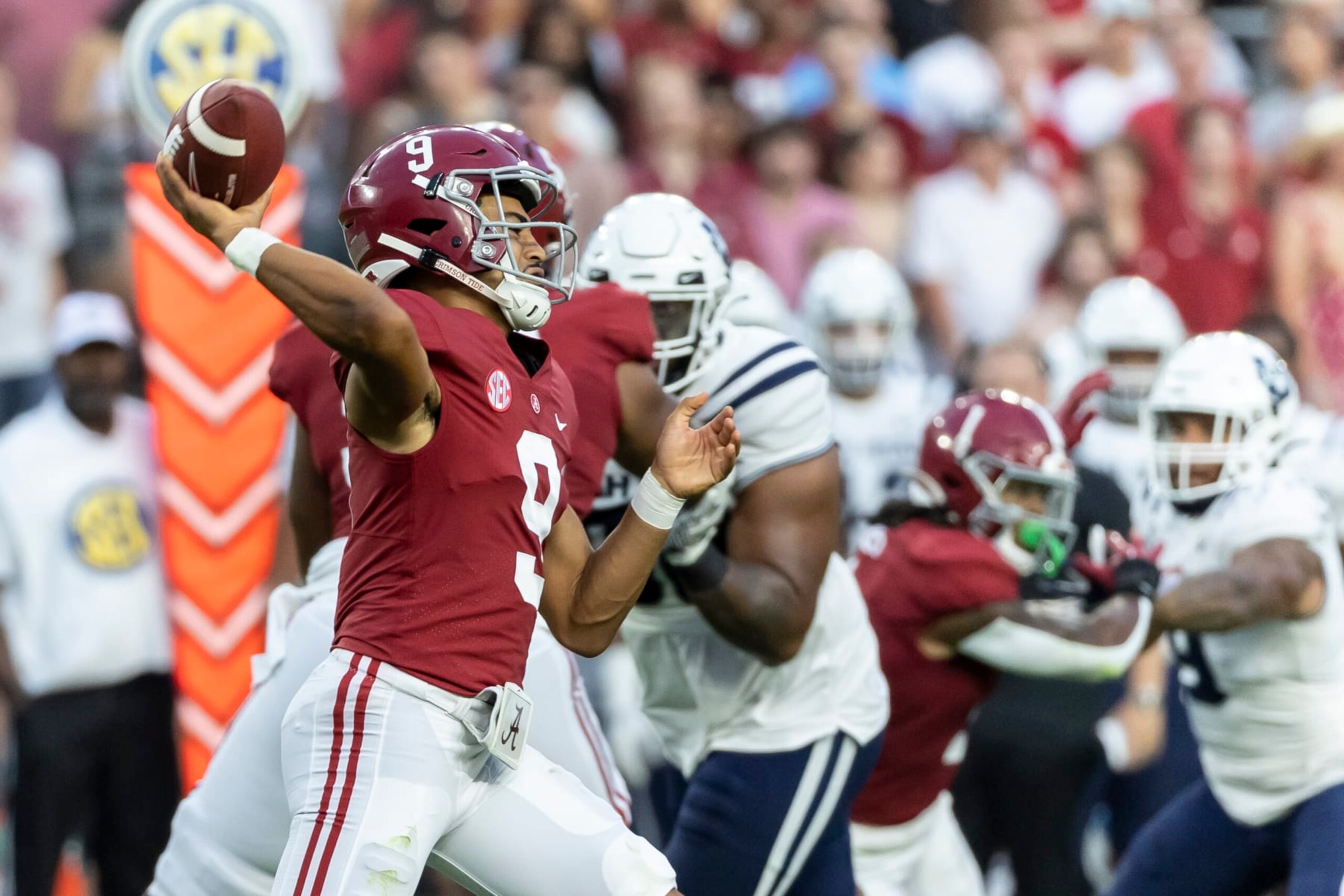 Alabama quarterback Bryce Young (9) throws the ball against Utah State during the first half of an NCAA college football game, Saturday, Sept. 3, 2022, in Tuscaloosa, Ala. (AP Photo/Vasha Hunt)