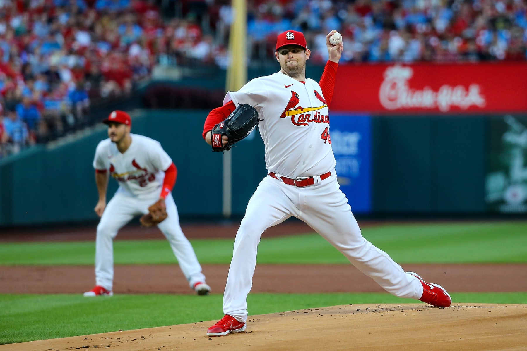 ST. LOUIS, MO - AUGUST 12: Jordan Montgomery #48 of the St. Louis Cardinals delivers a pitch during the first inning against the Milwaukee Brewersat Busch Stadium on August 12, 2022 in St. Louis, Missouri. (Photo by Scott Kane/Getty Images)
