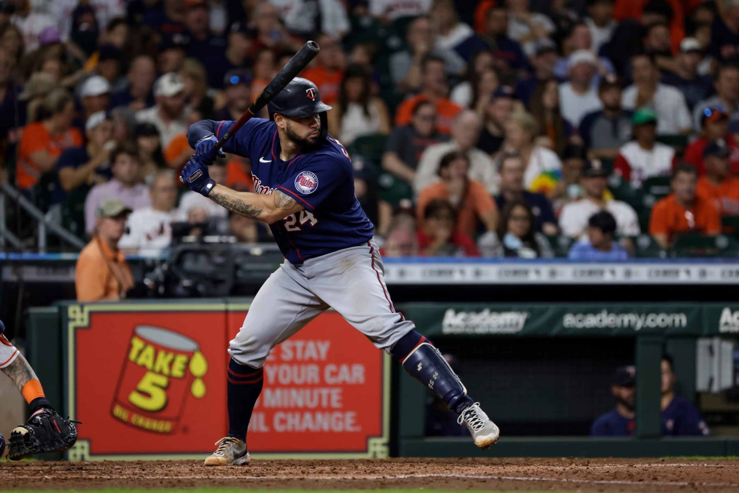 HOUSTON, TEXAS - AUGUST 25: Gary Sanchez #24 of the Minnesota Twins doubles in the fifth inning against the Houston Astros at Minute Maid Park on August 25, 2022 in Houston, Texas. (Photo by Tim Warner/Getty Images)