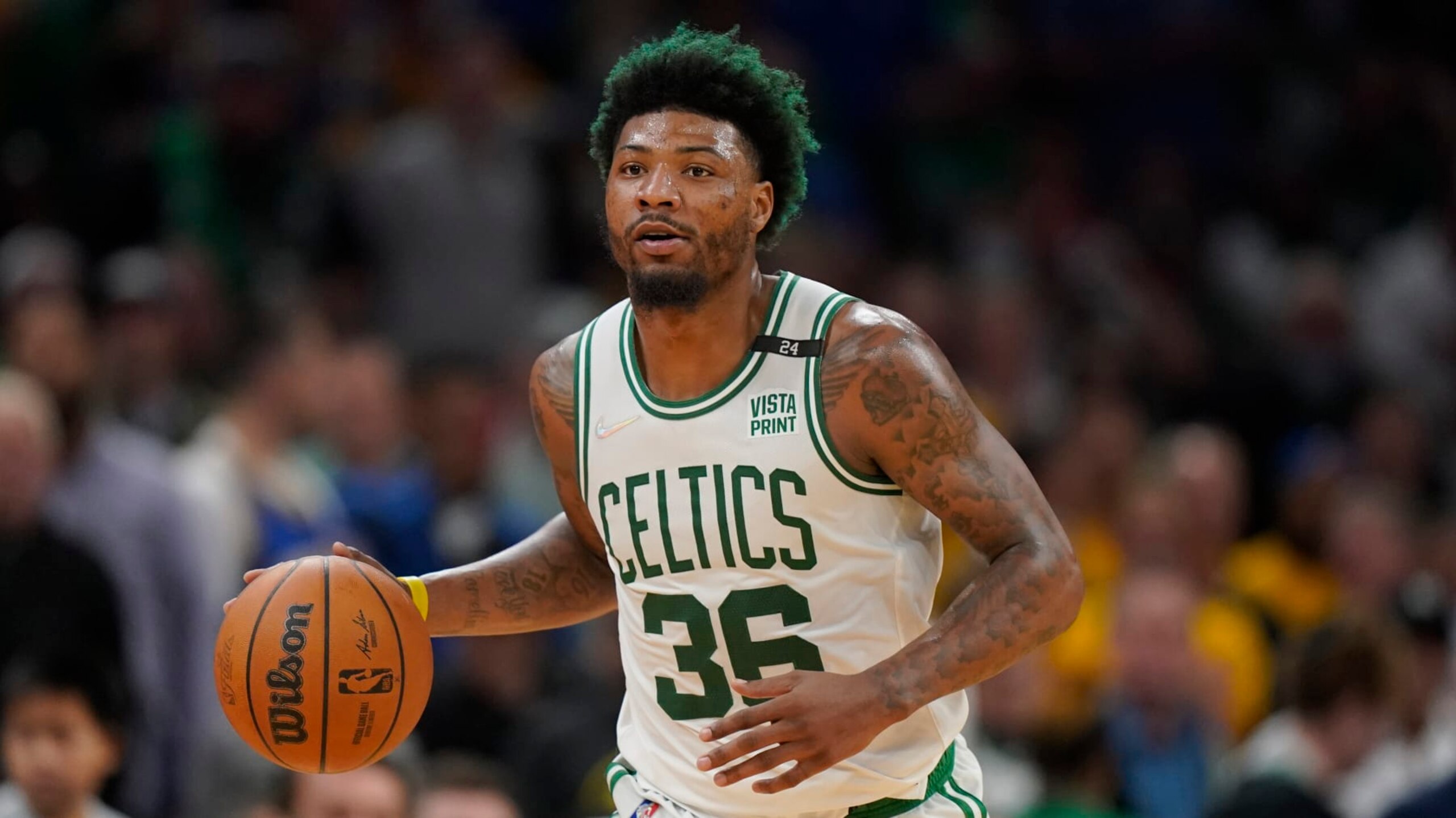Boston Celtics guard Marcus Smart (36) during Game 6 of basketball's NBA Finals against the Golden State Warriors, Thursday, June 16, 2022, in Boston. (AP Photo/Steven Senne)