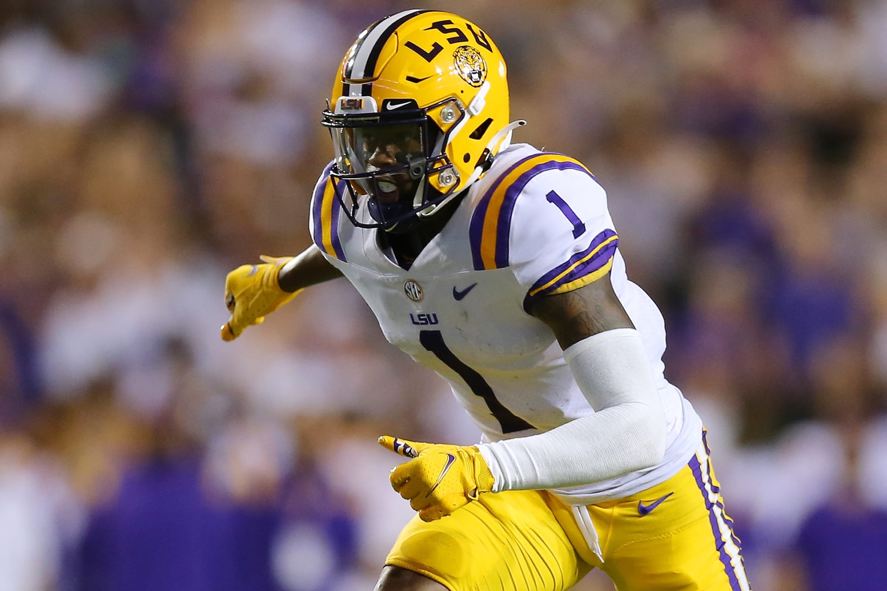 BATON ROUGE, LOUISIANA - OCTOBER 02: Kayshon Boutte #1 of the LSU Tigers in action against the Auburn Tigers during a game at Tiger Stadium on October 02, 2021 in Baton Rouge, Louisiana. (Photo by Jonathan Bachman/Getty Images)
