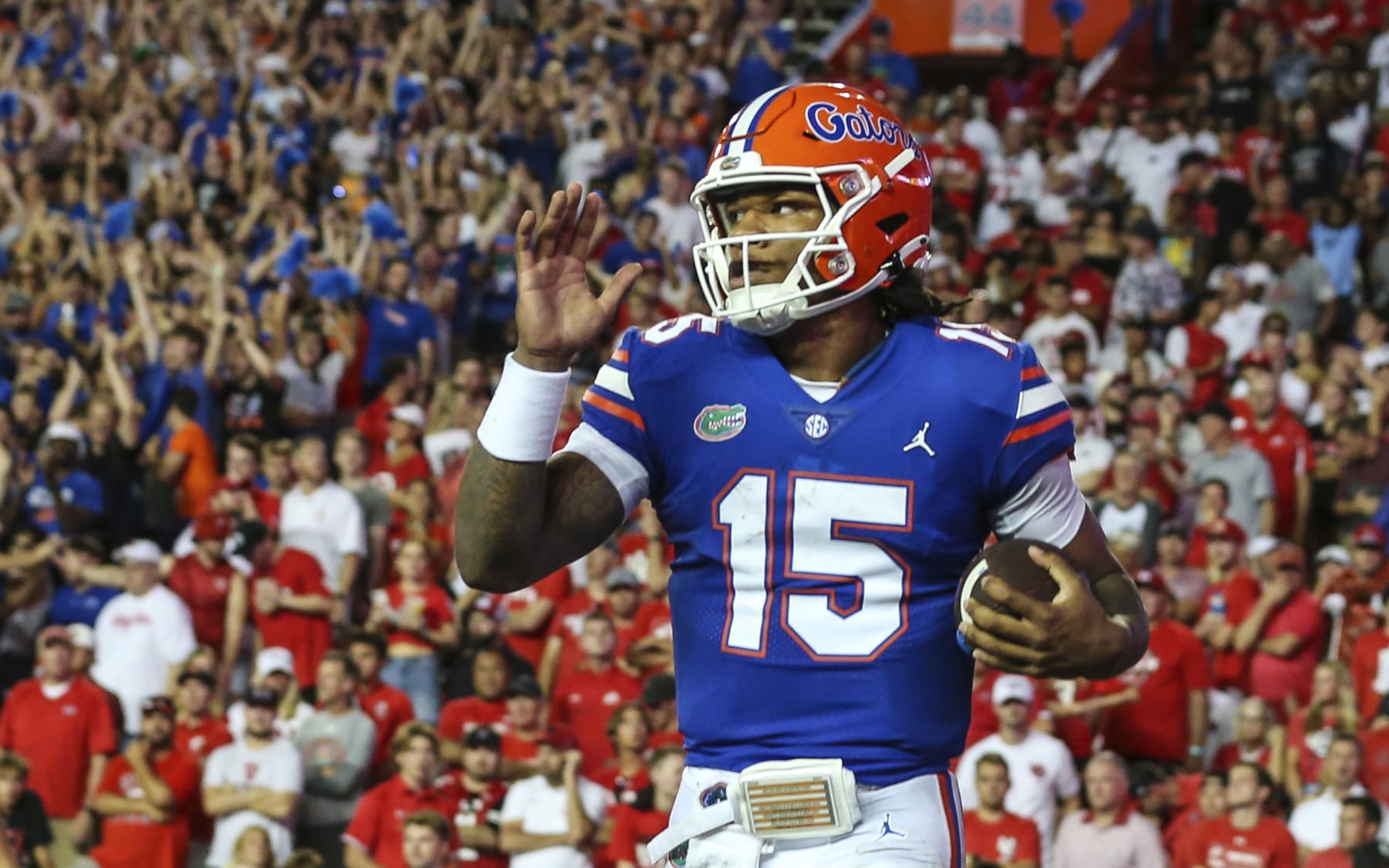Florida quarterback Anthony Richardson (15) after running in a touchdown during the second quarter of an NCAA football game against Utah on Saturday, Sept. 3, 2022 in Gainesville, Fla. (AP Photo/Gary McCullough)