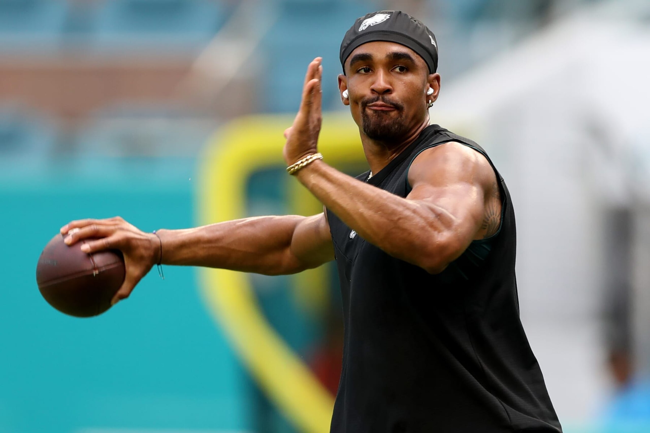 MIAMI GARDENS, FLORIDA - AUGUST 27: Jalen Hurts #1 of the Philadelphia Eagles warms up prior to playing the Miami Dolphins at Hard Rock Stadium on August 27, 2022 in Miami Gardens, Florida. (Photo by Megan Briggs/Getty Images)
