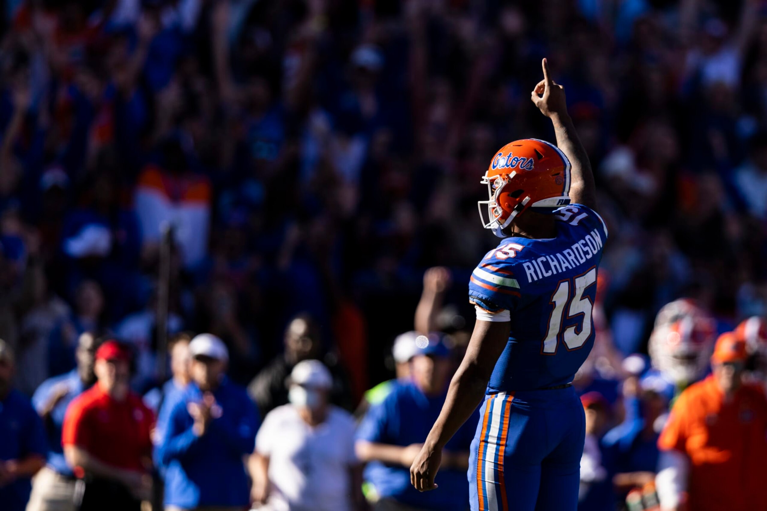 GAINESVILLE, FLORIDA - NOVEMBER 27: Anthony Richardson #15 of the Florida Gators celebrates a touchdown during the fourth quarter of a game against the Florida State Seminoles at Ben Hill Griffin Stadium on November 27, 2021 in Gainesville, Florida. (Photo by James Gilbert/Getty Images)