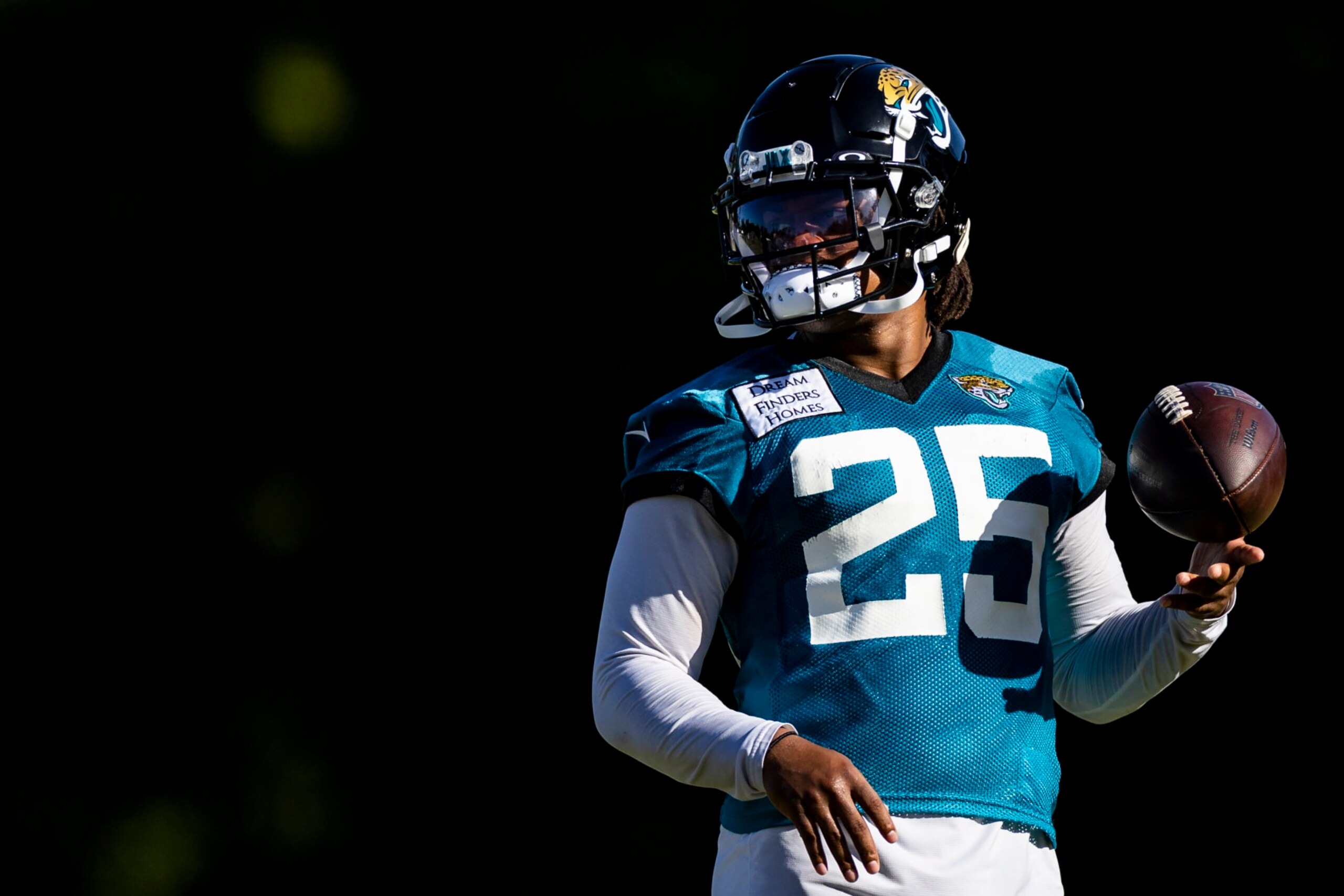 JACKSONVILLE, FLORIDA - JULY 27: James Robinson #25 of the Jacksonville Jaguars looks on during training camp on July 27, 2022 at Episcopal High School in Jacksonville, Florida. (Photo by James Gilbert/Getty Images)