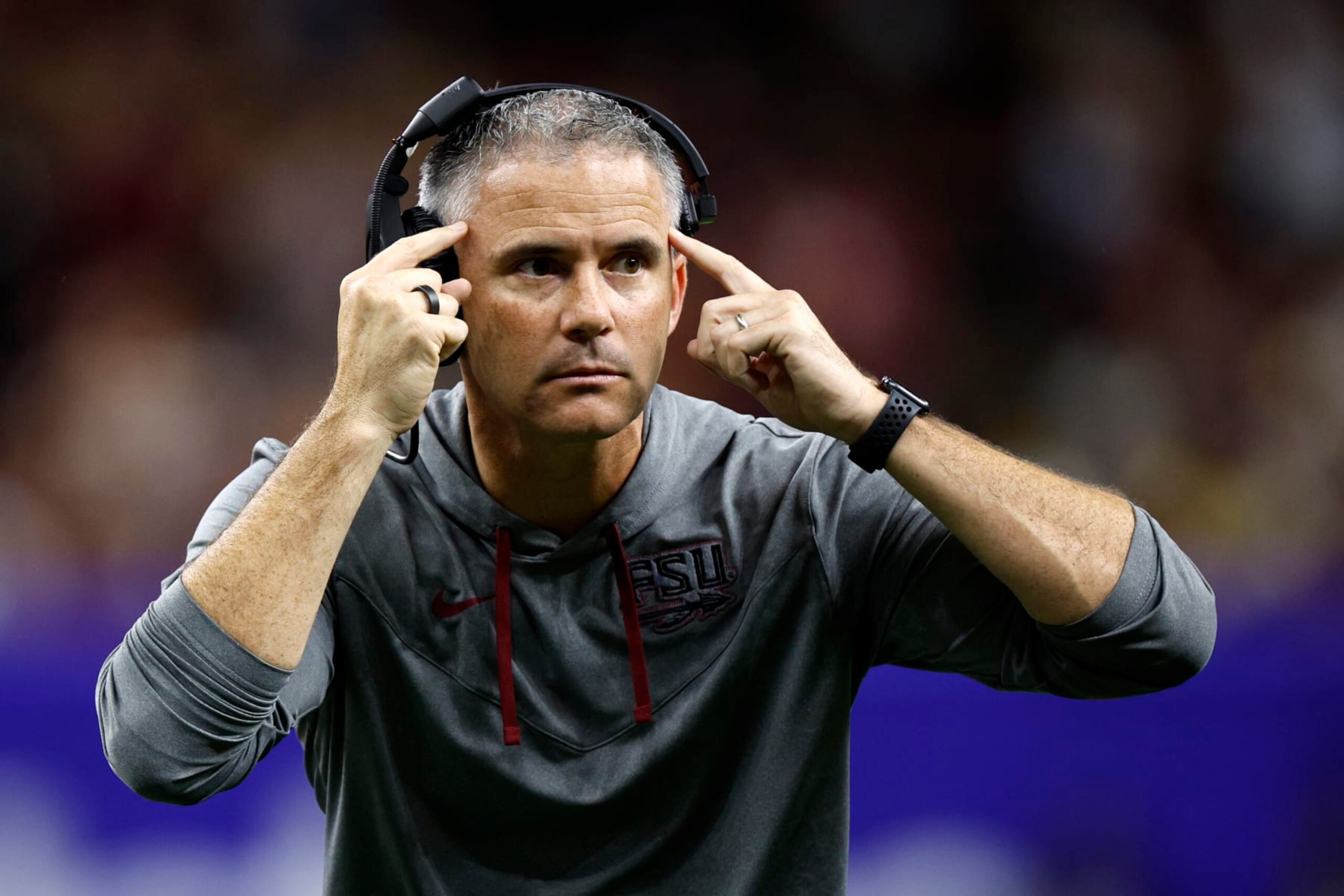 NEW ORLEANS, LOUISIANA - SEPTEMBER 04: Head coach Mike Norvell of the Florida State Seminoles reacts during the game against the LSU Tigers at Caesars Superdome on September 04, 2022 in New Orleans, Louisiana. (Photo by Chris Graythen/Getty Images)