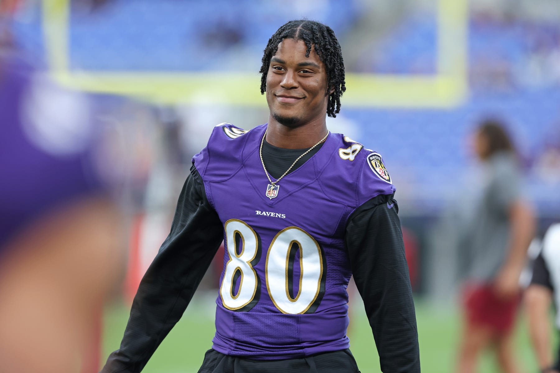 BALTIMORE, MARYLAND - AUGUST 27:  Tight End Isaiah Likely #80 of the Baltimore Ravens stands on the field prior the game against the Washington Commanders at M&T Bank Stadium on August 27, 2022 in Baltimore, Maryland. (Photo by Todd Olszewski/Getty Images)
