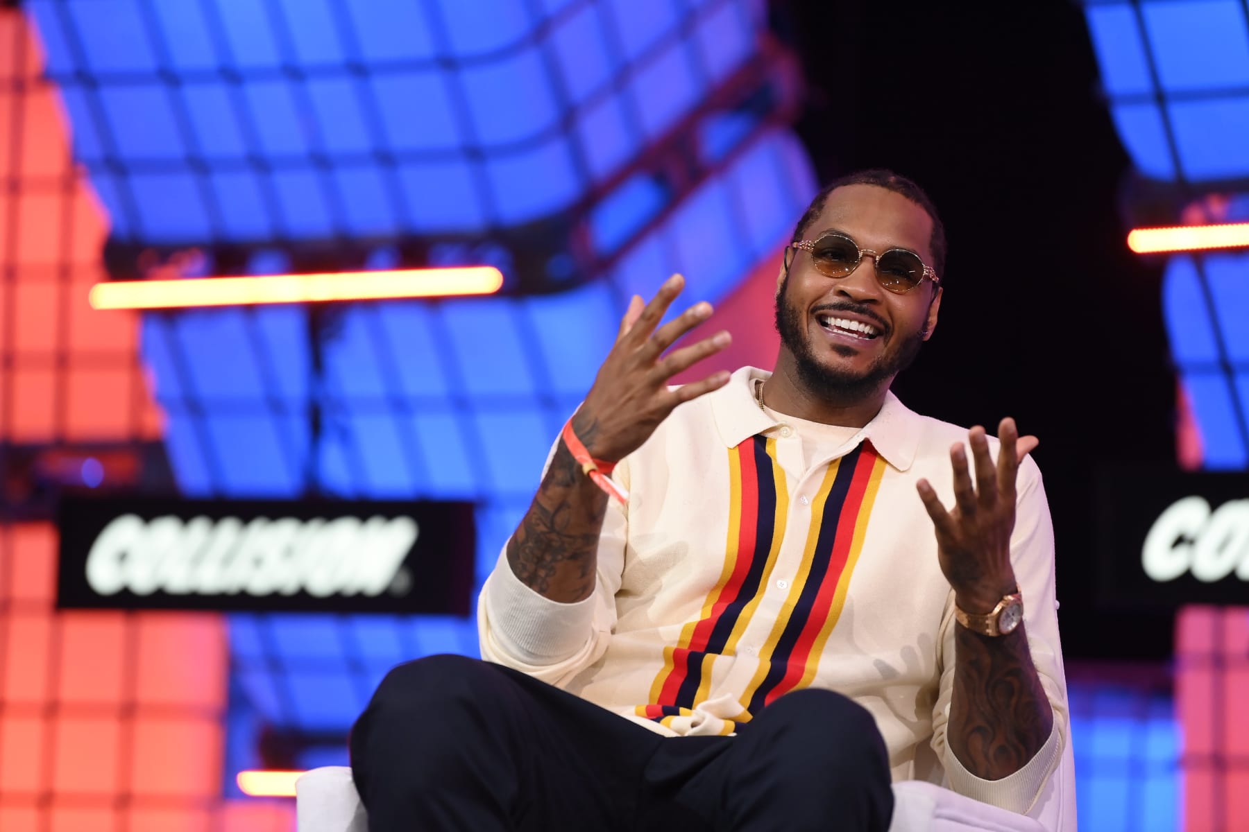Toronto , Canada - 22 June 2022; Carmelo Anthony, NBA All-Star & Entrepreneur, on Centre Stage during day two of Collision 2022 at Enercare Centre in Toronto, Canada. (Photo By Stephen McCarthy/Sportsfile for Collision via Getty Images)
