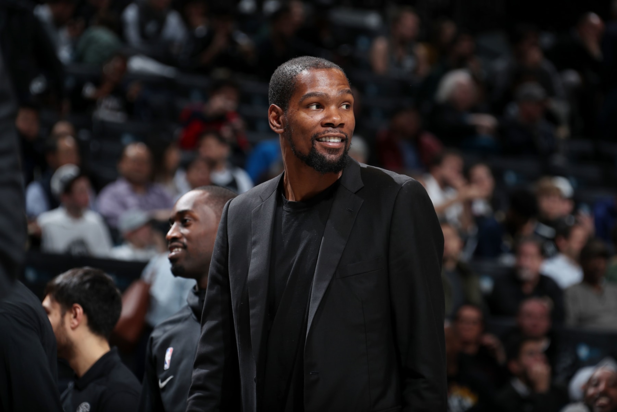 BROOKLYN, NY - NOVEMBER 4: Kevin Durant #7 of the Brooklyn Nets seen during the game against the New Orleans Pelicans on November 4, 2019 at Barclays Center in Brooklyn, New York. NOTE TO USER: User expressly acknowledges and agrees that, by downloading and or using this Photograph, user is consenting to the terms and conditions of the Getty Images License Agreement. Mandatory Copyright Notice: Copyright 2019 NBAE (Photo by Nathaniel S. Butler/NBAE via Getty Images) BROOKLYN, NY - NOVEMBER 4: Kevin Durant #7 of the Brooklyn Nets seen during the game against the New Orleans Pelicans on November 4, 2019 at Barclays Center in Brooklyn, New York. NOTE TO USER: User expressly acknowledges and agrees that, by downloading and or using this Photograph, user is consenting to the terms and conditions of the Getty Images License Agreement. Mandatory Copyright Notice: Copyright 2019 NBAE (Photo by Nathaniel S. Butler/NBAE via Getty Images)