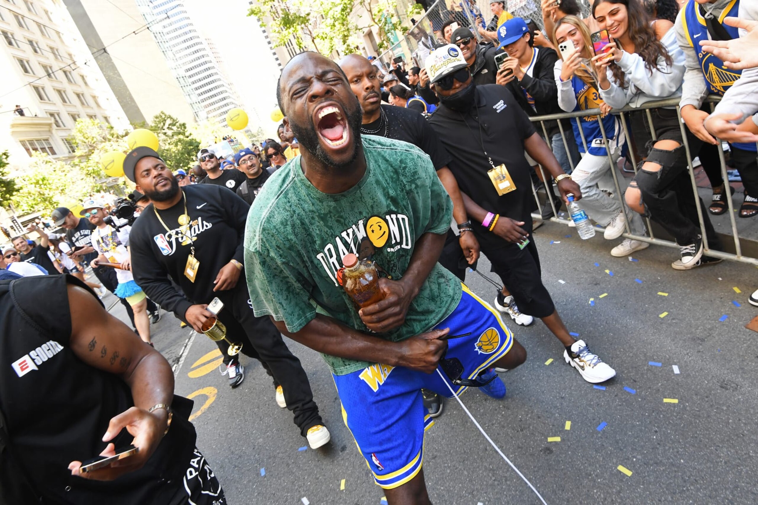 SAN FRANCISCO, CA - JUNE 20: Draymond Green #23 of the Golden State Warriors celebrates during their 2022 Victory Parade & Rally on June 20, 2022 at Chase Center in San Francisco, California. NOTE TO USER: User expressly acknowledges and agrees that, by downloading and or using this photograph, user is consenting to the terms and conditions of Getty Images License Agreement. Mandatory Copyright Notice: Copyright 2022 NBAE (Photo by Noah Graham/NBAE via Getty Images) SAN FRANCISCO, CA - JUNE 20: Draymond Green #23 of the Golden State Warriors celebrates during their 2022 Victory Parade & Rally on June 20, 2022 at Chase Center in San Francisco, California. NOTE TO USER: User expressly acknowledges and agrees that, by downloading and or using this photograph, user is consenting to the terms and conditions of Getty Images License Agreement. Mandatory Copyright Notice: Copyright 2022 NBAE (Photo by Noah Graham/NBAE via Getty Images)