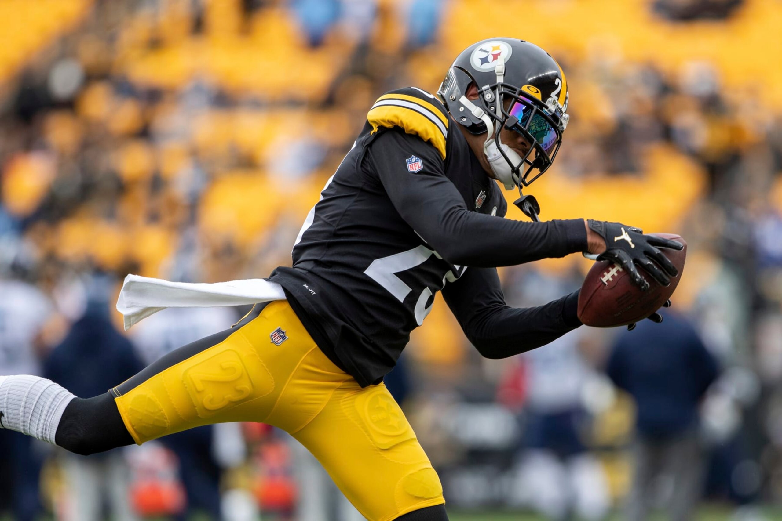 Pittsburgh Steelers cornerback Joe Haden (23) warms up before an NFL football game, Sunday, December 19, 2021 in Pittsburgh. (AP Photo/Matt Durisko)