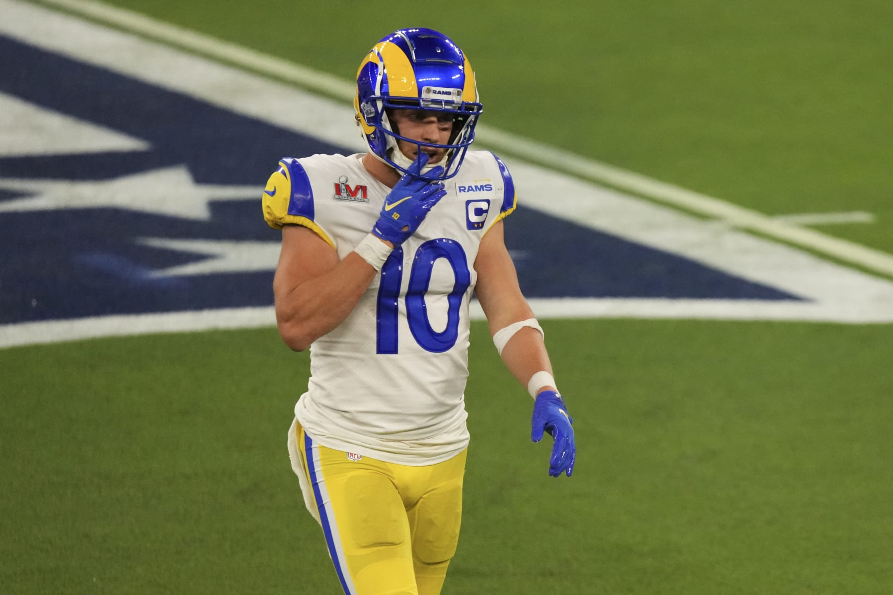 INGLEWOOD, CALIFORNIA - FEBRUARY 13: Cooper Kupp #10 of the Los Angeles Rams walks down the line of scrimmage during to the NFL Super Bowl LVI football game against the Cincinnati Bengals at SoFi Stadium on February 13, 2022 in Inglewood, California. (Photo by Cooper Neill/Getty Images)