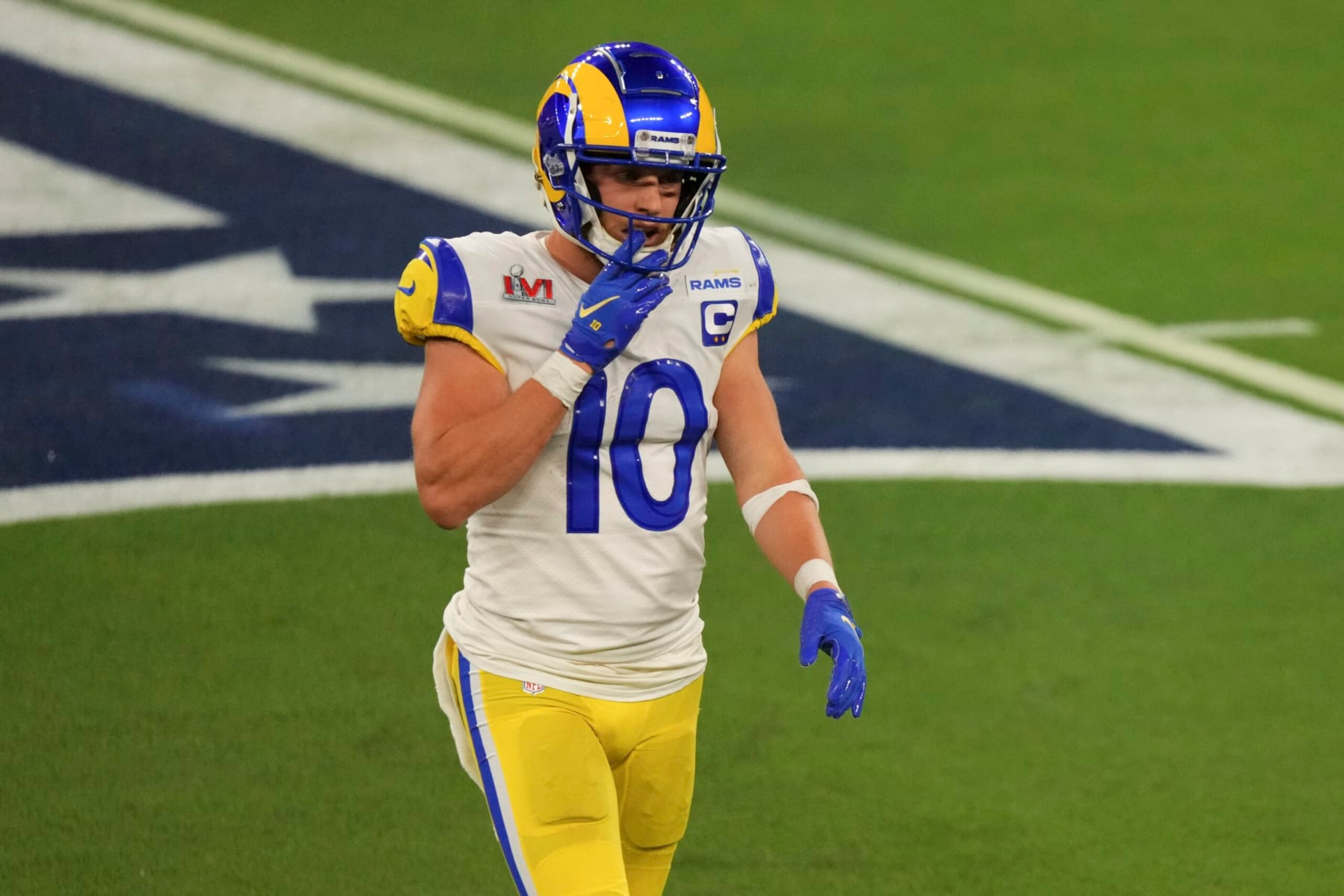 INGLEWOOD, CALIFORNIA - FEBRUARY 13: Cooper Kupp #10 of the Los Angeles Rams walks down the line of scrimmage during to the NFL Super Bowl LVI football game against the Cincinnati Bengals at SoFi Stadium on February 13, 2022 in Inglewood, California. (Photo by Cooper Neill/Getty Images)