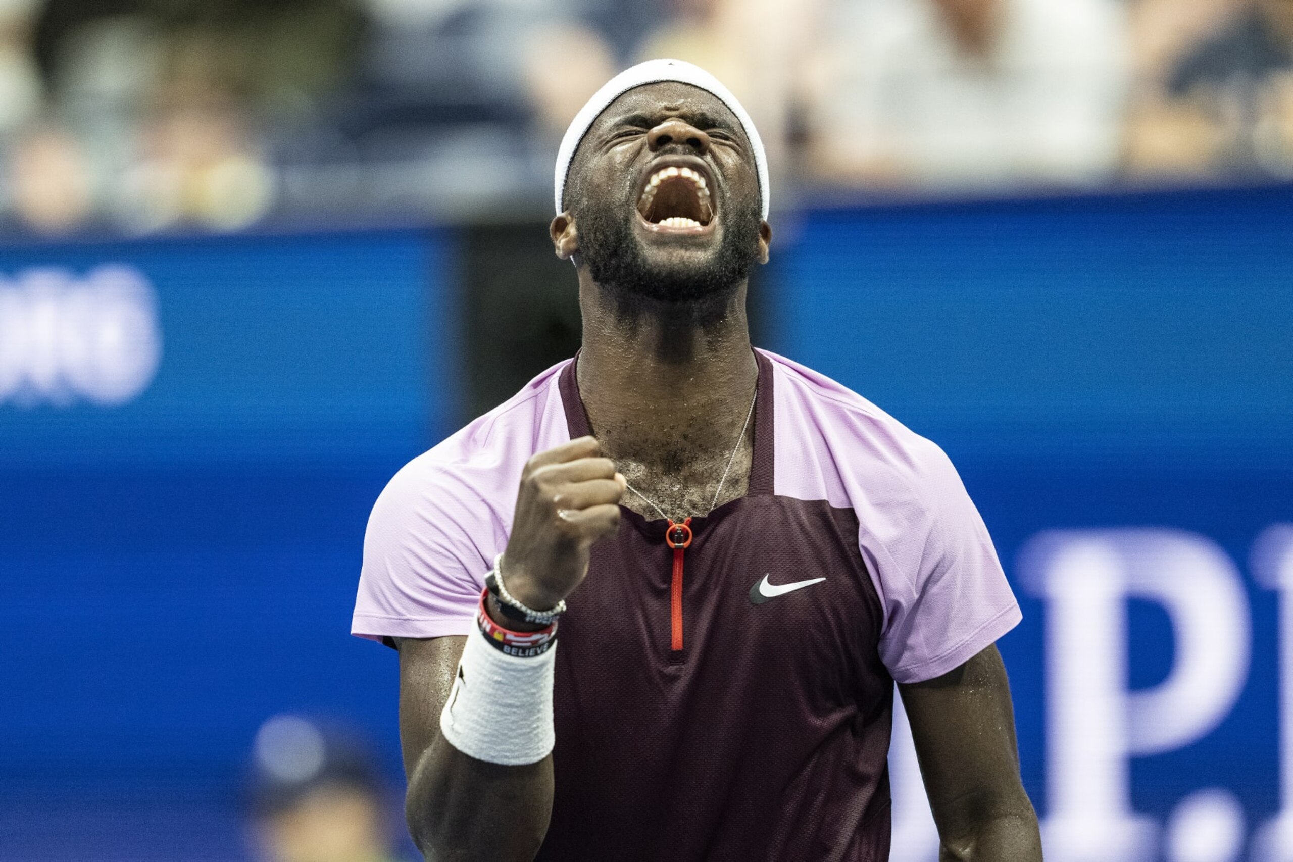 NEW YORK, USA - SEPTEMBER 05: Frances Tiafoe of USA reacts during 4th round of US Open Championships against Rafael Nadal of Spain at USTA Billie Jean King National Tennis Center in New York on September 5, 2022. Tiafoe won in four sets and moved to quarterfinals for the first time at the Open. (Photo by Lev Radin/Anadolu Agency via Getty Images)