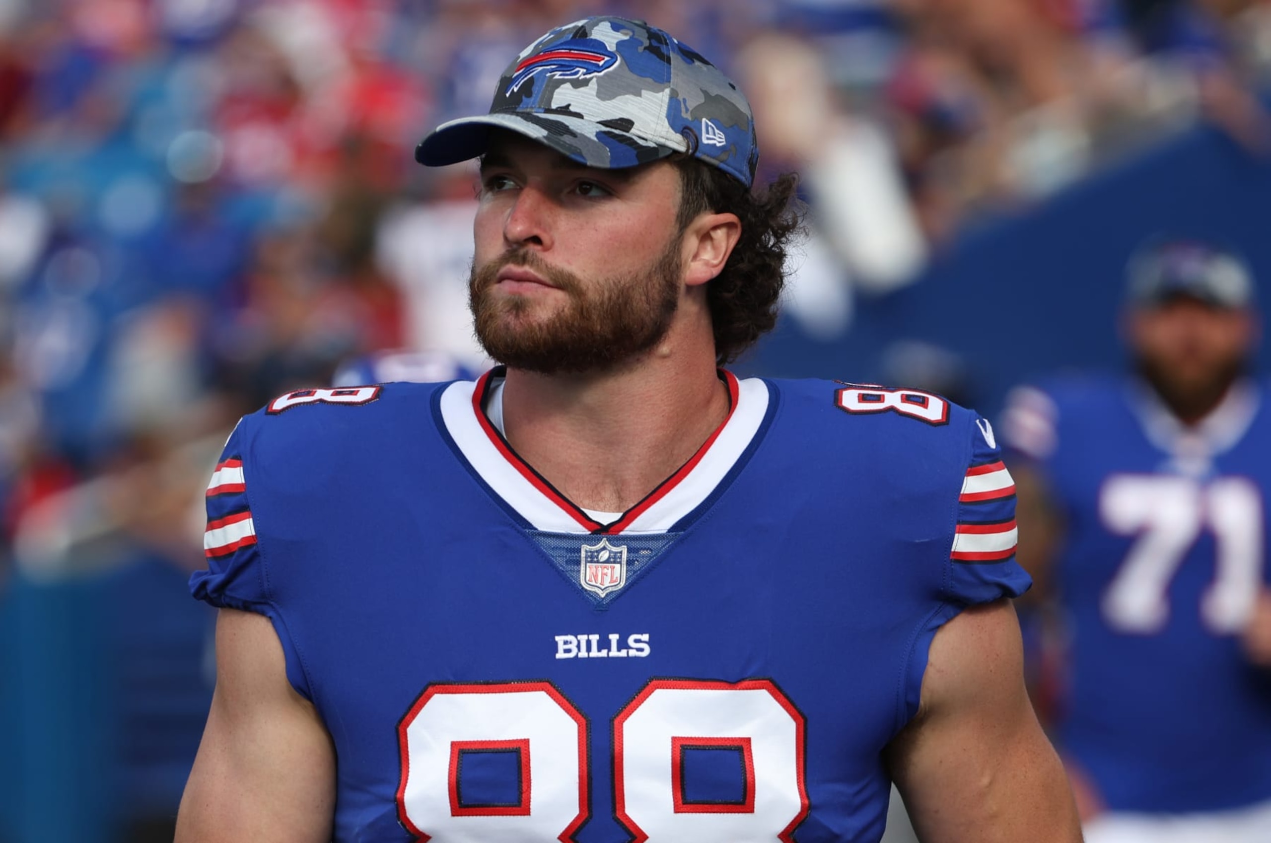ORCHARD PARK, NY - AUGUST 13: Dawson Knox #88 of the Buffalo Bills during a preseason game against the Indianapolis Colts at Highmark Stadium on August 13, 2022 in Orchard Park, New York. (Photo by Timothy T Ludwig/Getty Images)