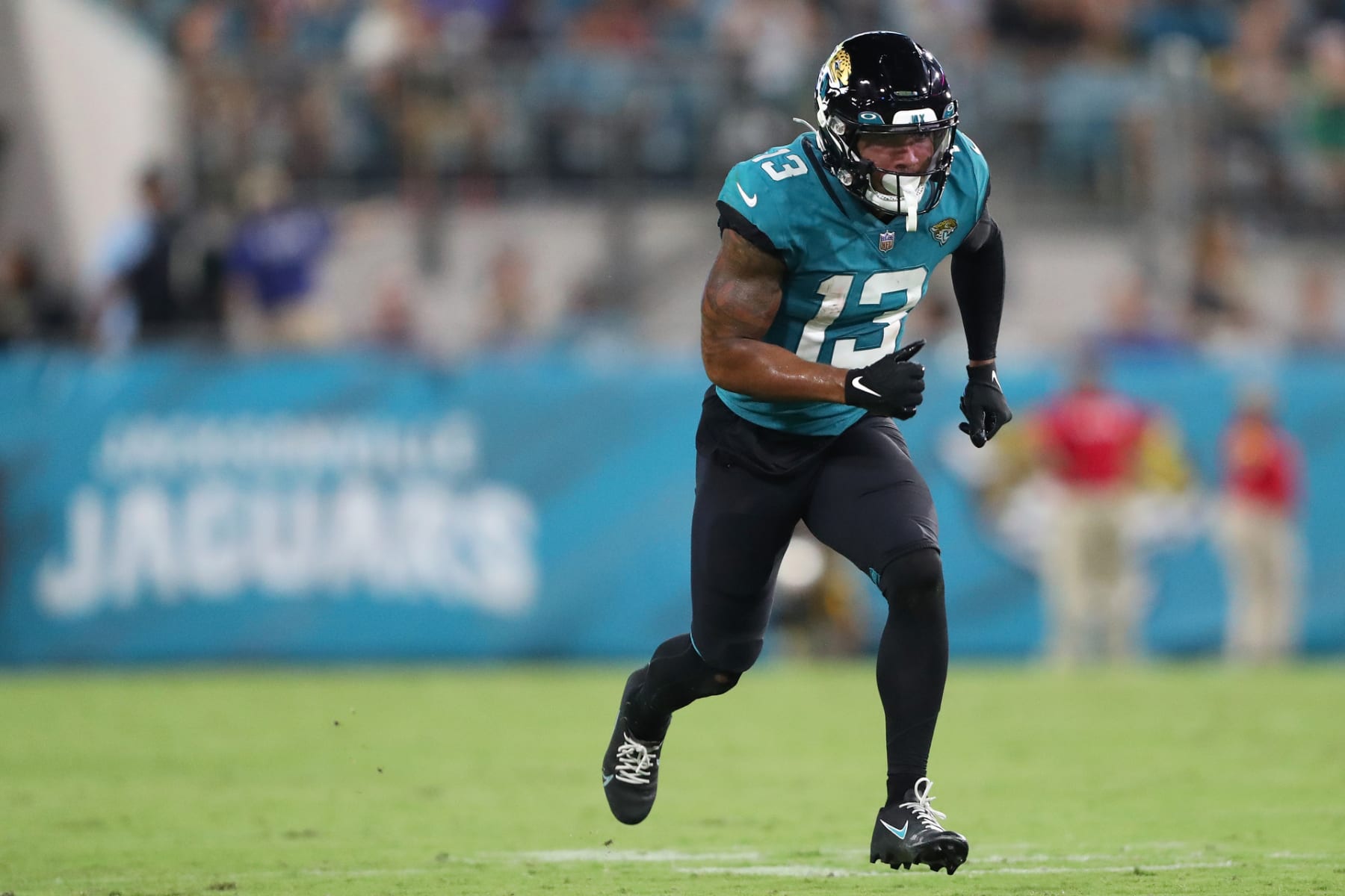 JACKSONVILLE, FLORIDA - AUGUST 20: Christian Kirk #13 of the Jacksonville Jaguars runs in the second half against the Pittsburgh Steelers at TIAA Bank Field on August 20, 2022 in Jacksonville, Florida. (Photo by Courtney Culbreath/Getty Images)
