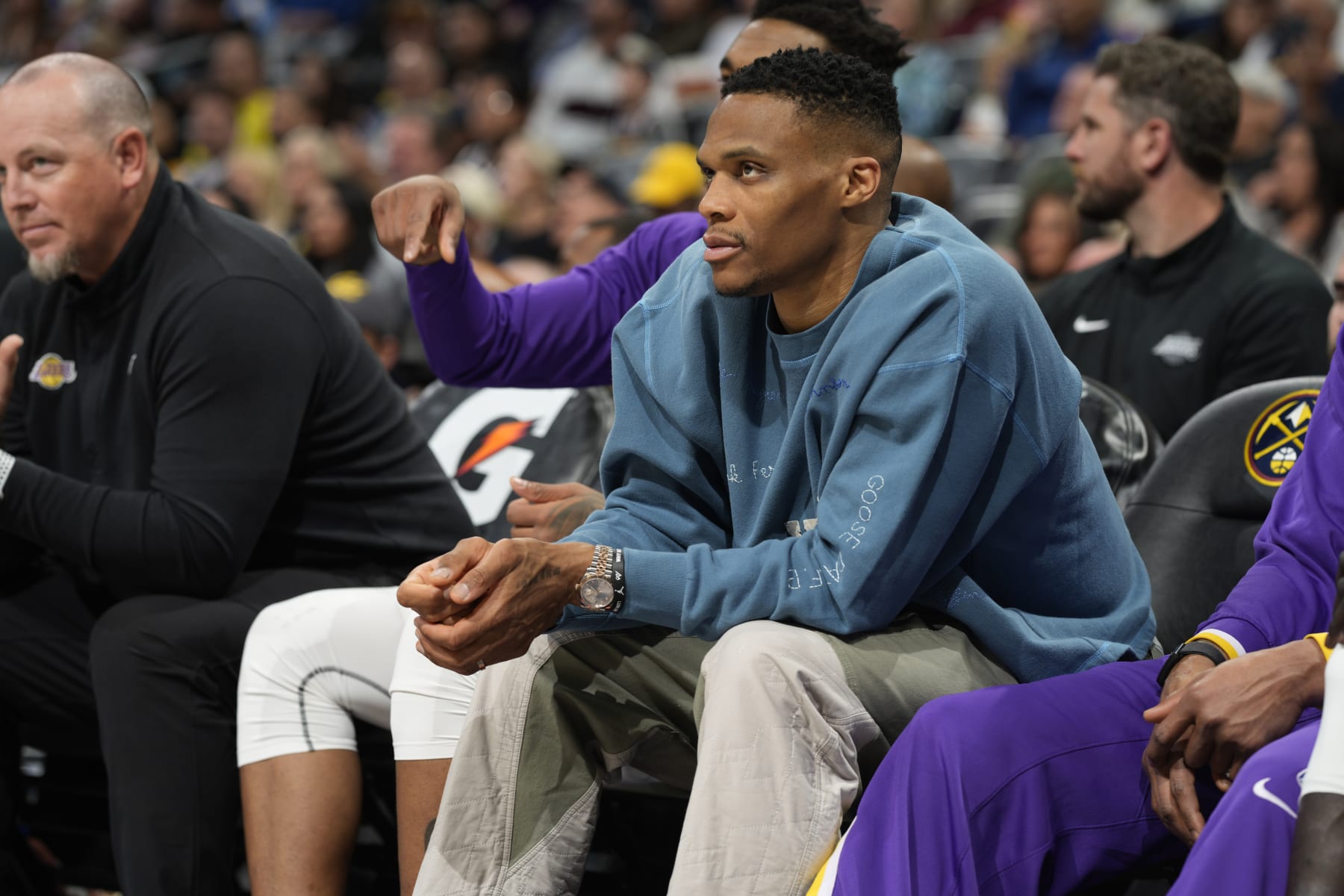 Los Angeles Lakers guard Russell Westbrook in the first half of an basketball game Sunday, April 10, 2022, in Denver. (AP Photo/David Zalubowski)