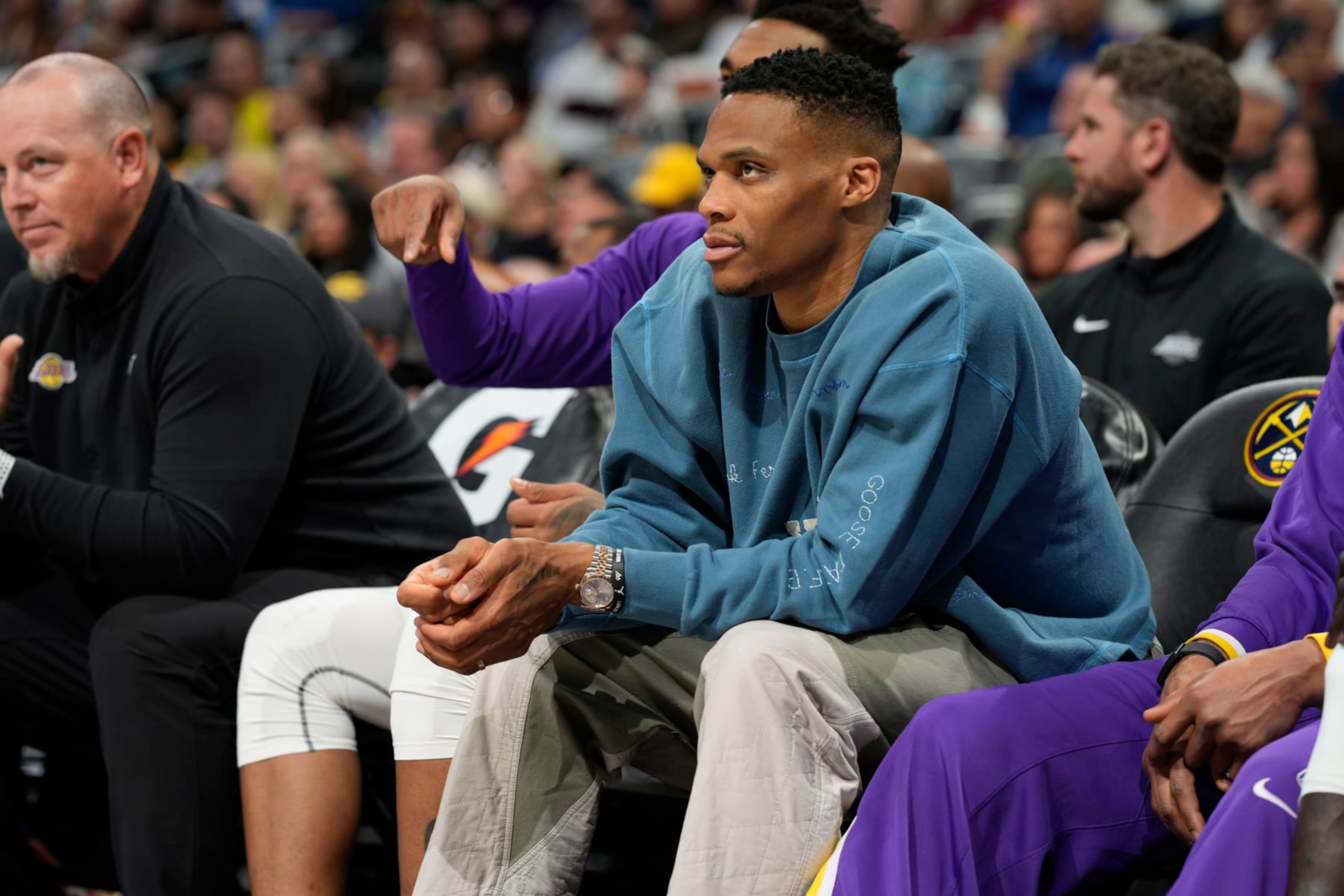 Los Angeles Lakers guard Russell Westbrook in the first half of an basketball game Sunday, April 10, 2022, in Denver. (AP Photo/David Zalubowski) Los Angeles Lakers guard Russell Westbrook in the first half of an basketball game Sunday, April 10, 2022, in Denver. (AP Photo/David Zalubowski)