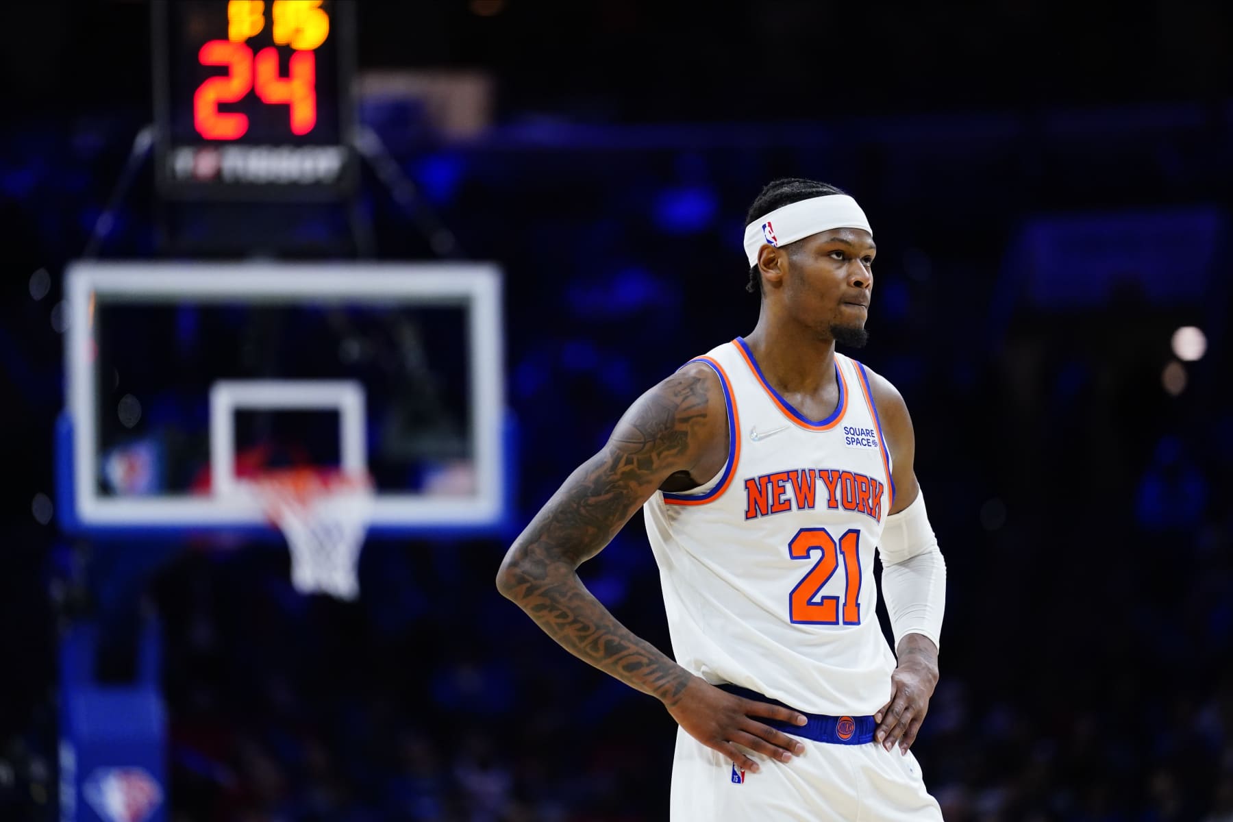 New York Knicks' Cam Reddish plays during an NBA basketball game, Wednesday, March 2, 2022, in Philadelphia. (AP Photo/Matt Slocum)